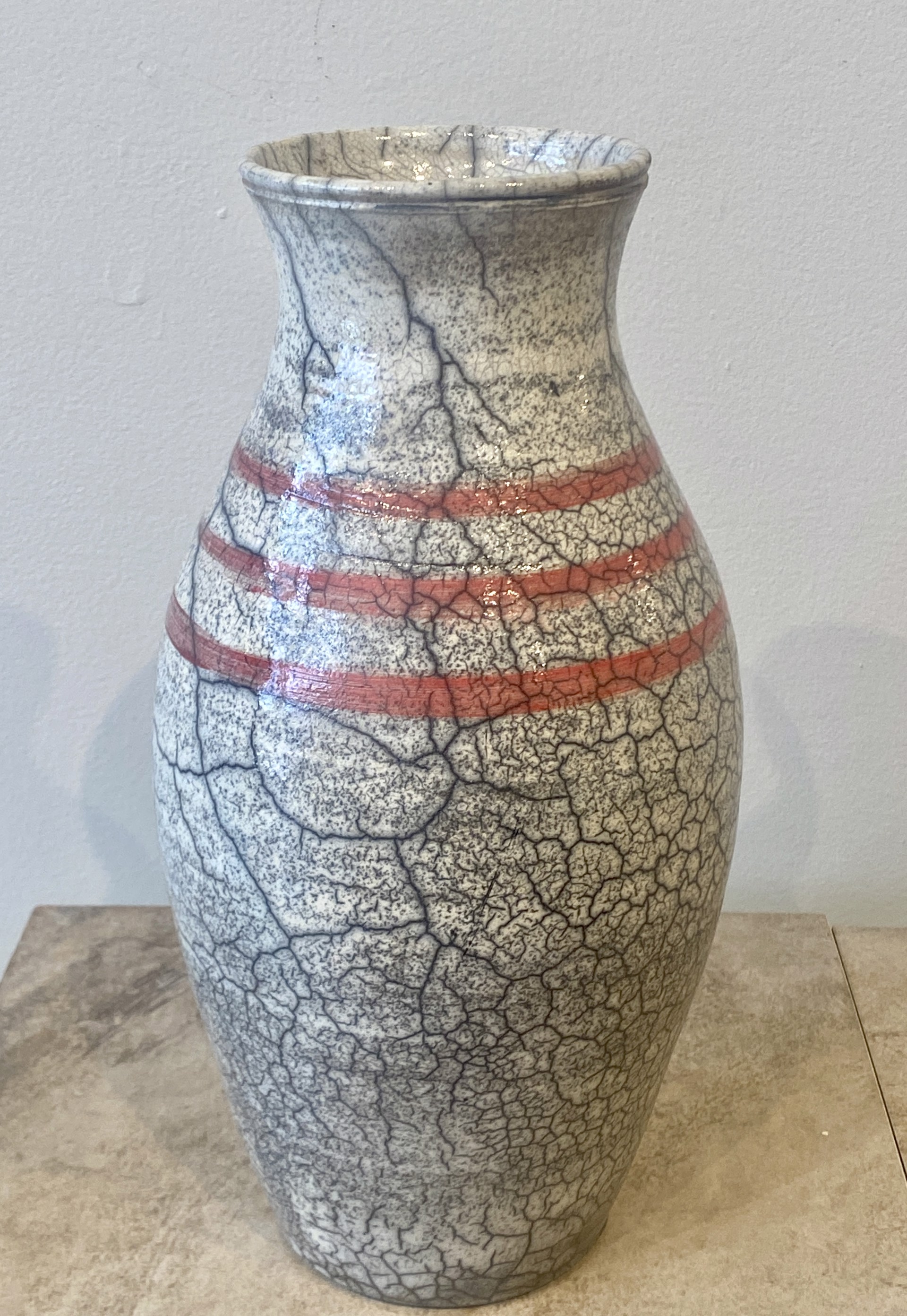 Red Ringed White Crackle Vase SB23-39 by Silas Bradley