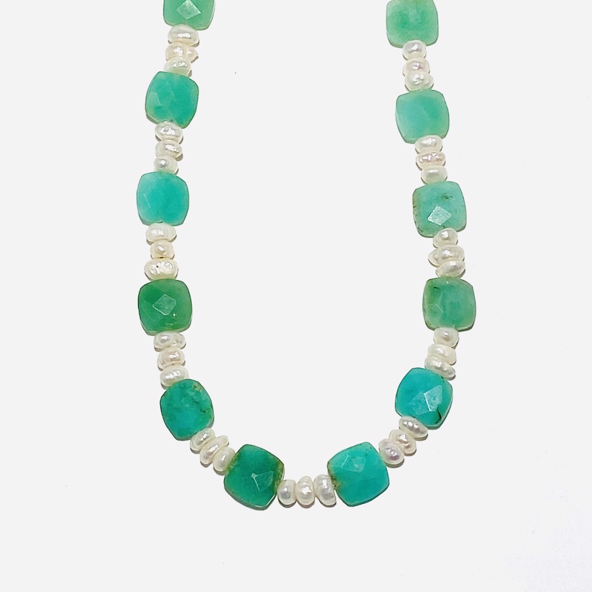 Square Faceted Prehnite Pearl Strand Necklace by Nance Trueworthy