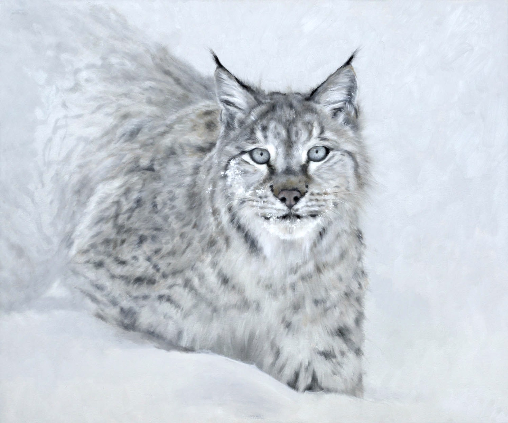 Original Oil Painting Featuring a Lynx Walking Through Snowy White Background