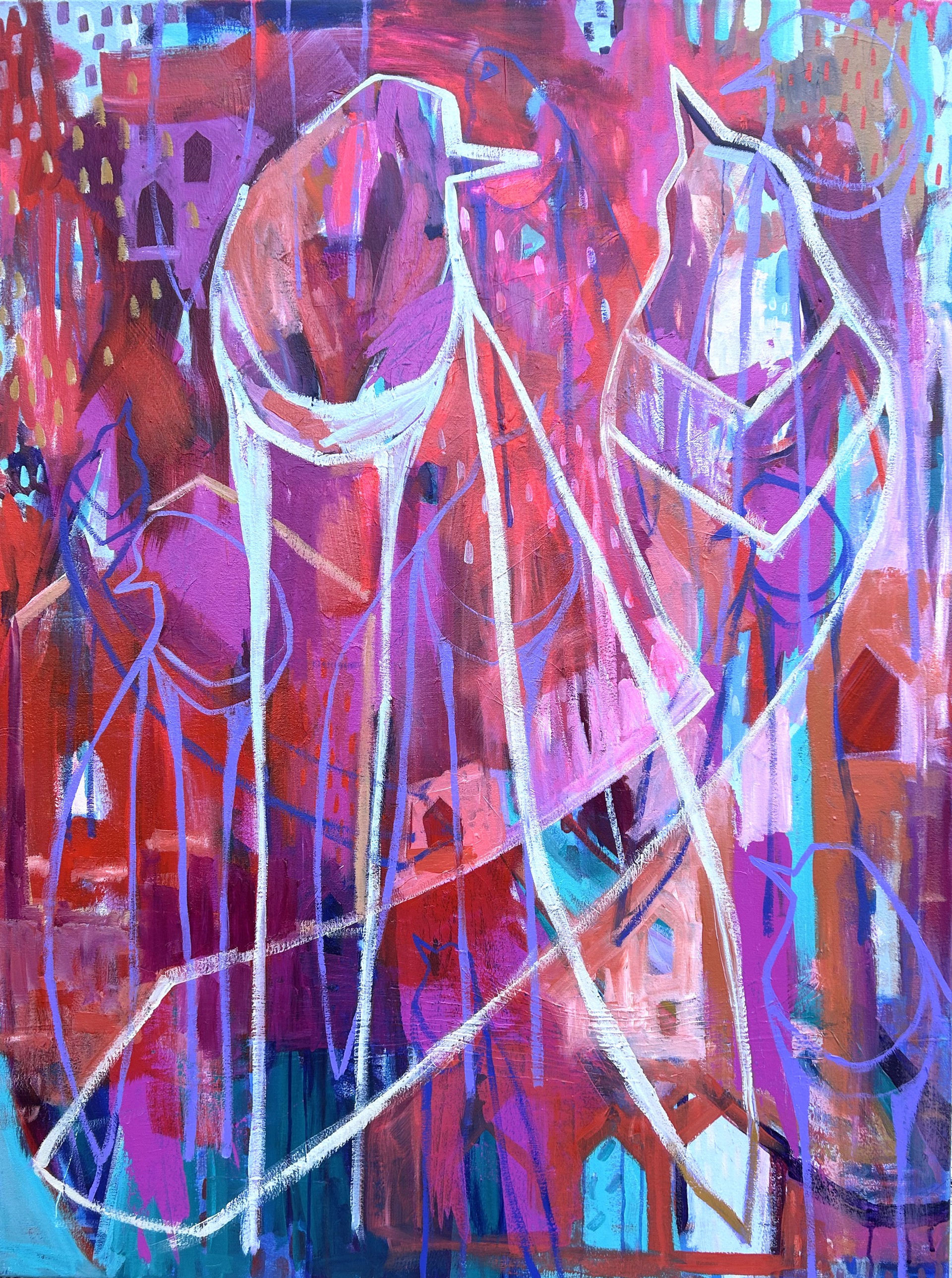 abstract with birds, pinks, blues, reds