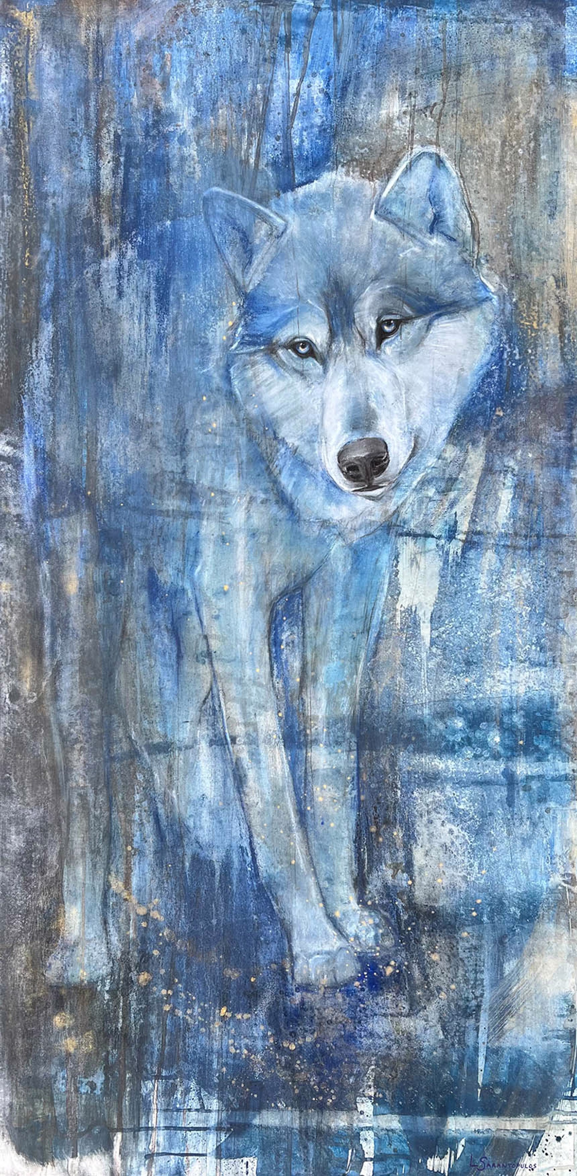 Original Mixed Media Artwork Featuring Standing Wolf Over Abstract Cyanotype Background