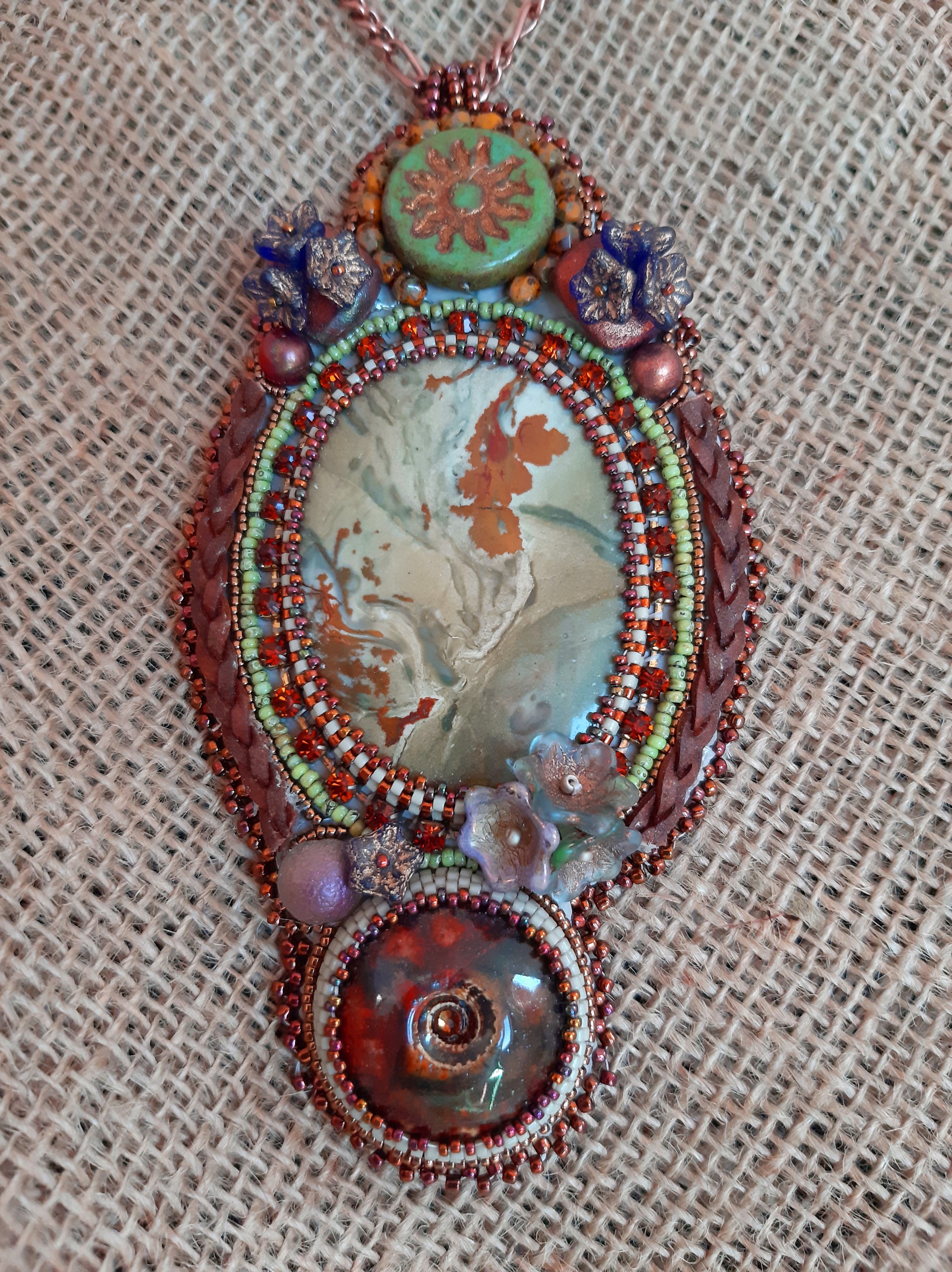 BG 313 Whispers of Fall-Painted Jasper and Raku Cabs Necklace by Beverly Gholson