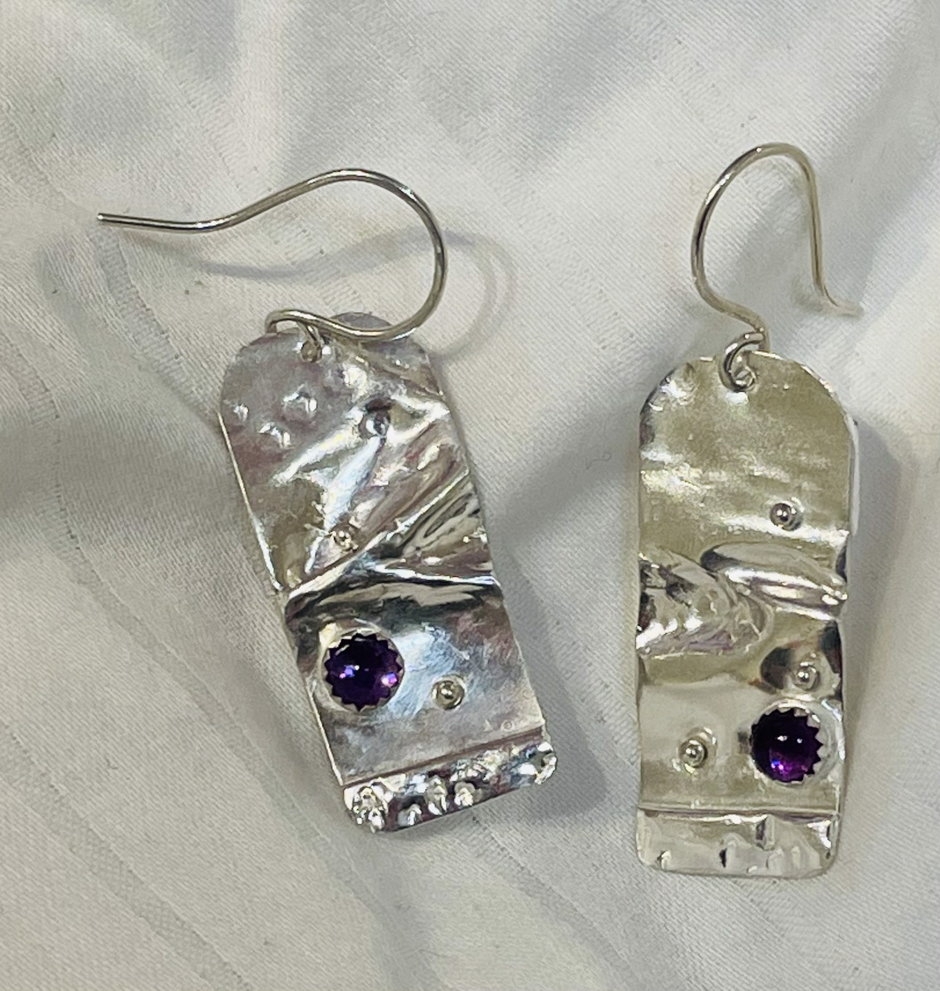 Sterling Silver Fold Formed and Hammered Earrings With Amethyst Cabochons DK2848 by Doris King