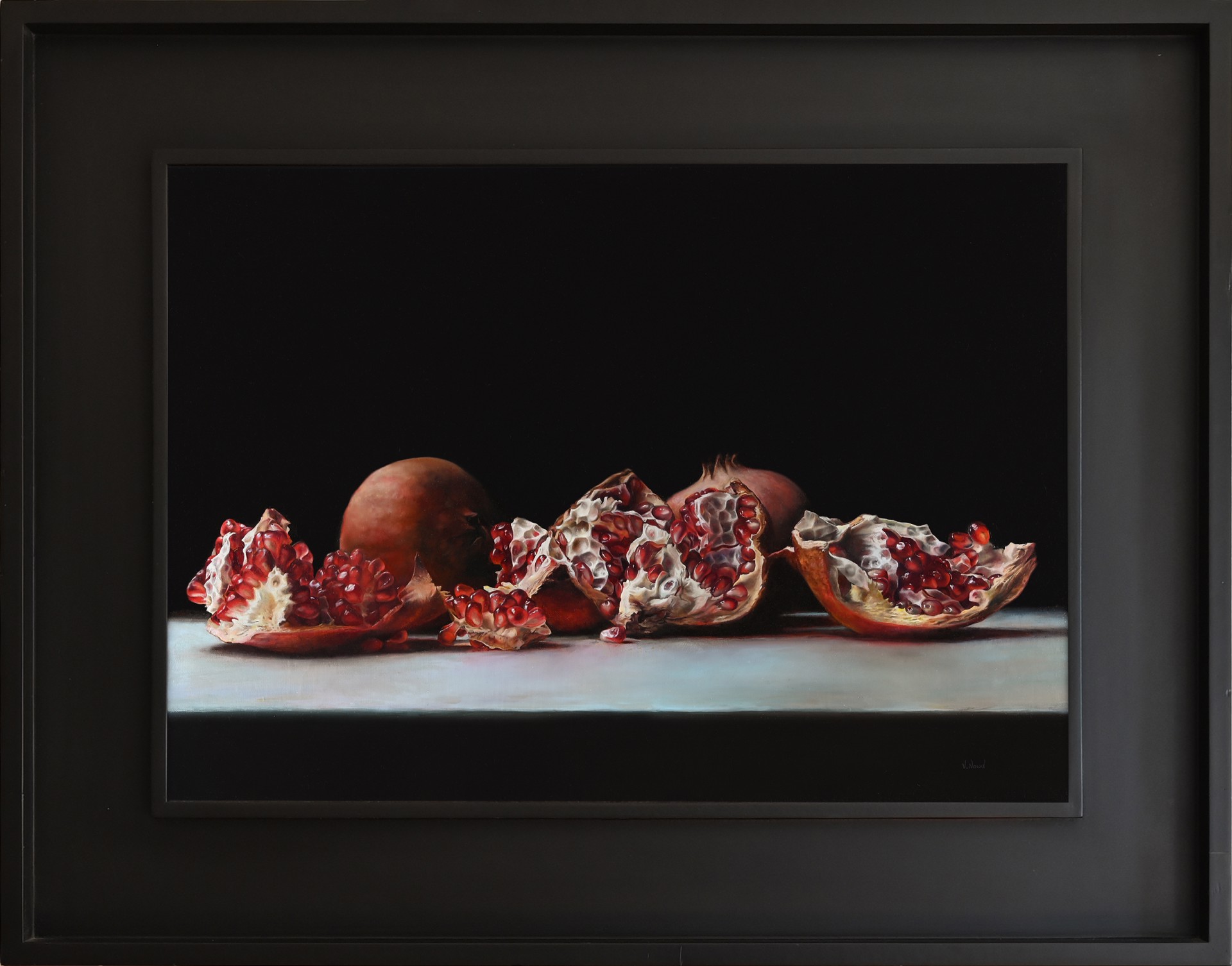 Photorealistic oil painting "Broken Hearts" by Victoria Novak, depicting several broken pomegranates on a white surface against a black background, showcasing the vibrant red arils and intricate textures.