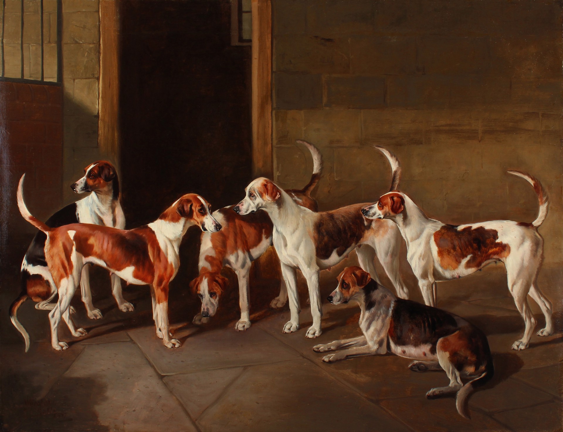 Hounds in a Stable, one of a pair by John Alfred Wheeler
