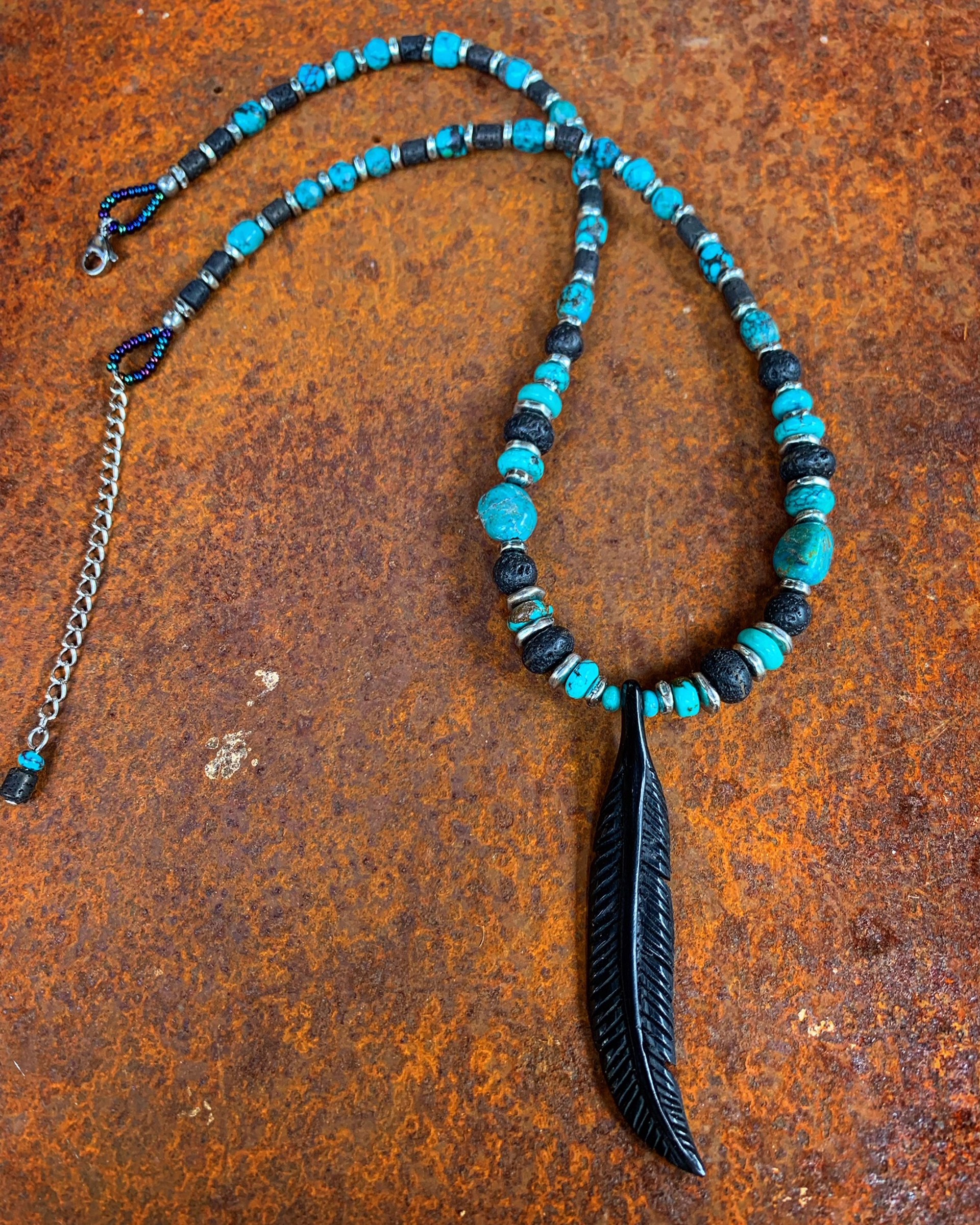 K850 Carved Buffalo Horn Necklace with Turquoise by Kelly Ormsby