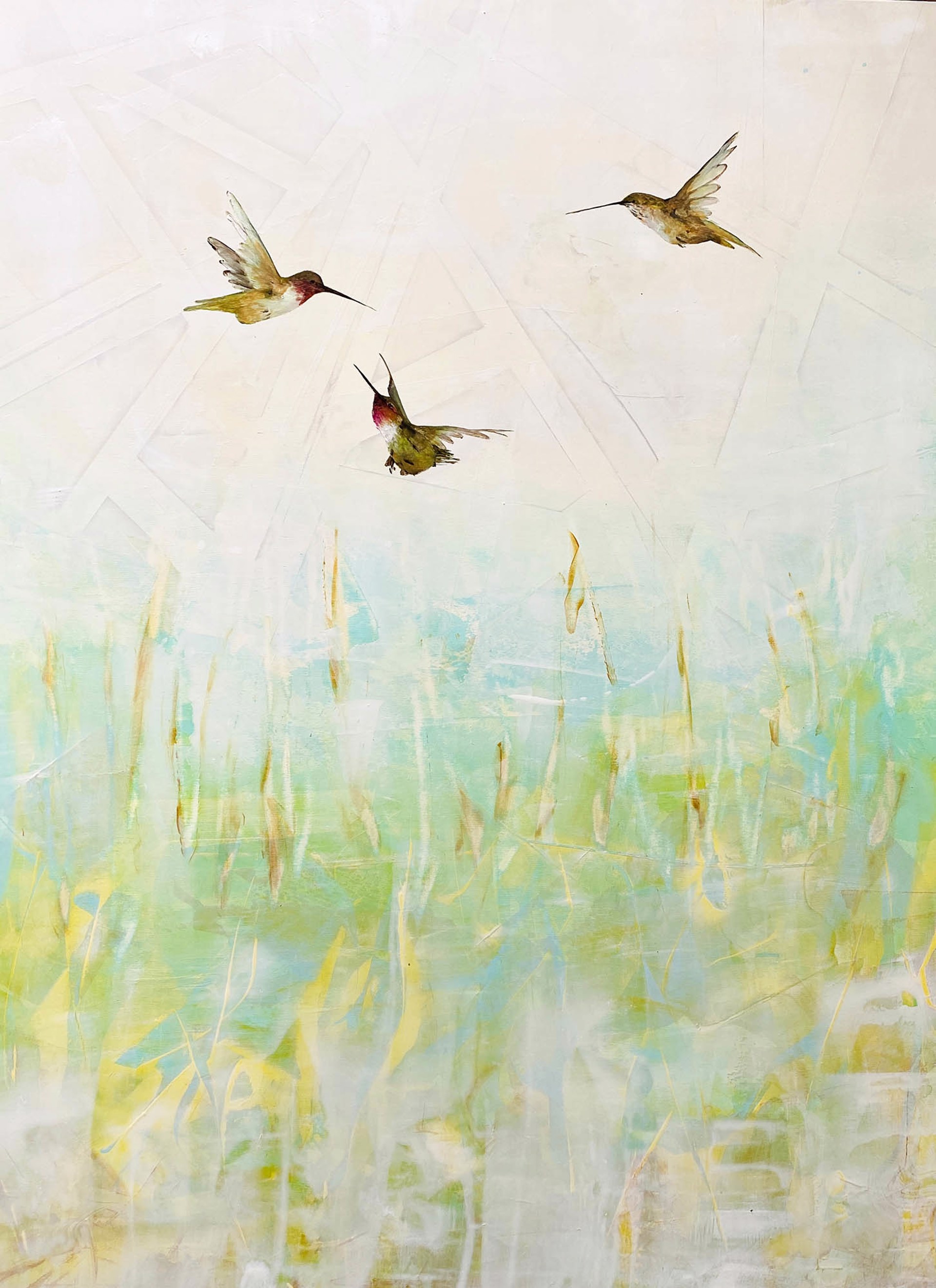 Original Oil Painting Featuring Three Hummingbirds In Flight Over Abstract Green Background