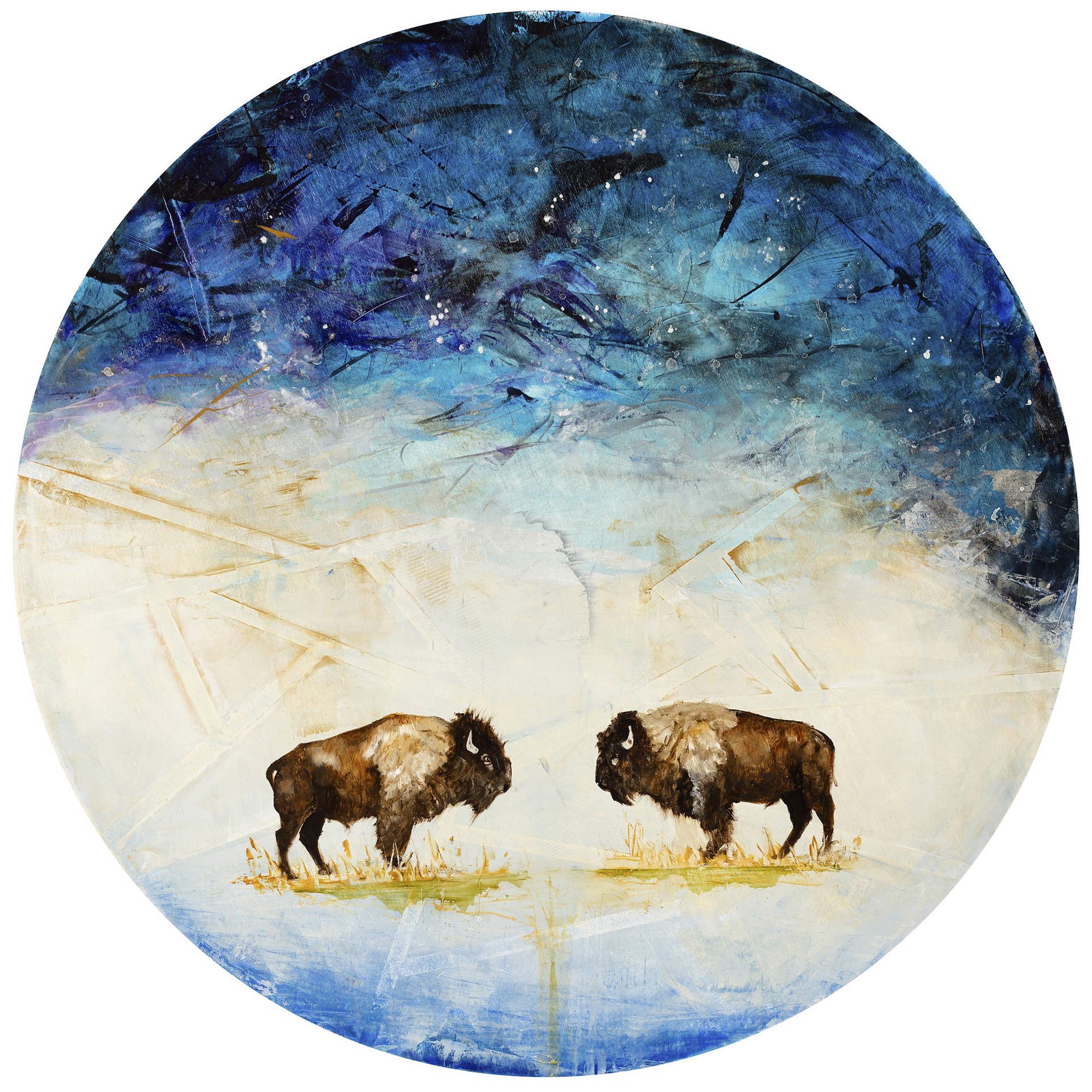 Contemporary Oil Painting On Round Panel Of Two Bison With An Abstract Blue White And Yellow Background, Fine Art By Jenna Von Benedikt, Available At Gallery Wild