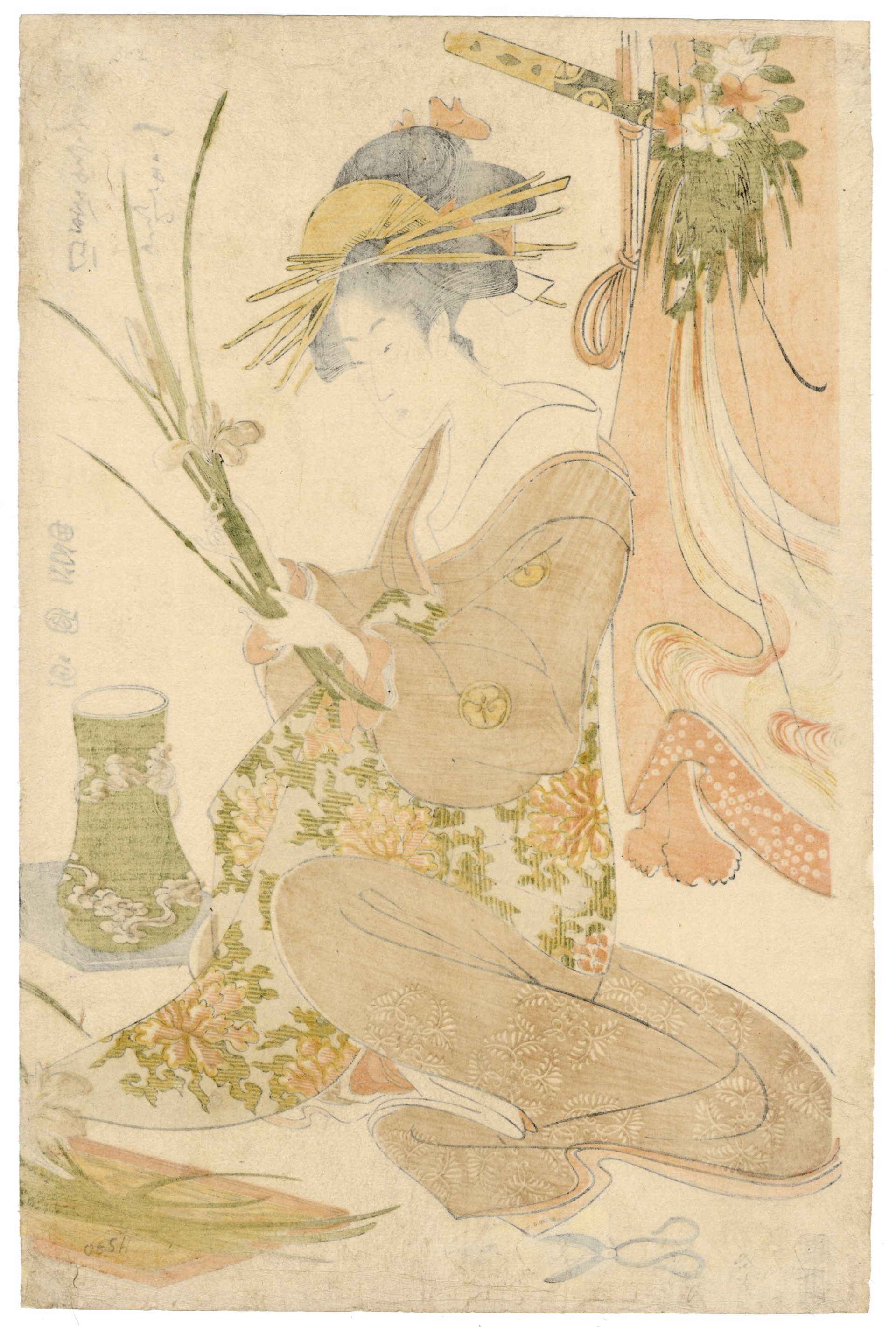 The Oiran Hitomoto of the Daimonji-ya Creating a Flower Arrangement by Toyokuni I