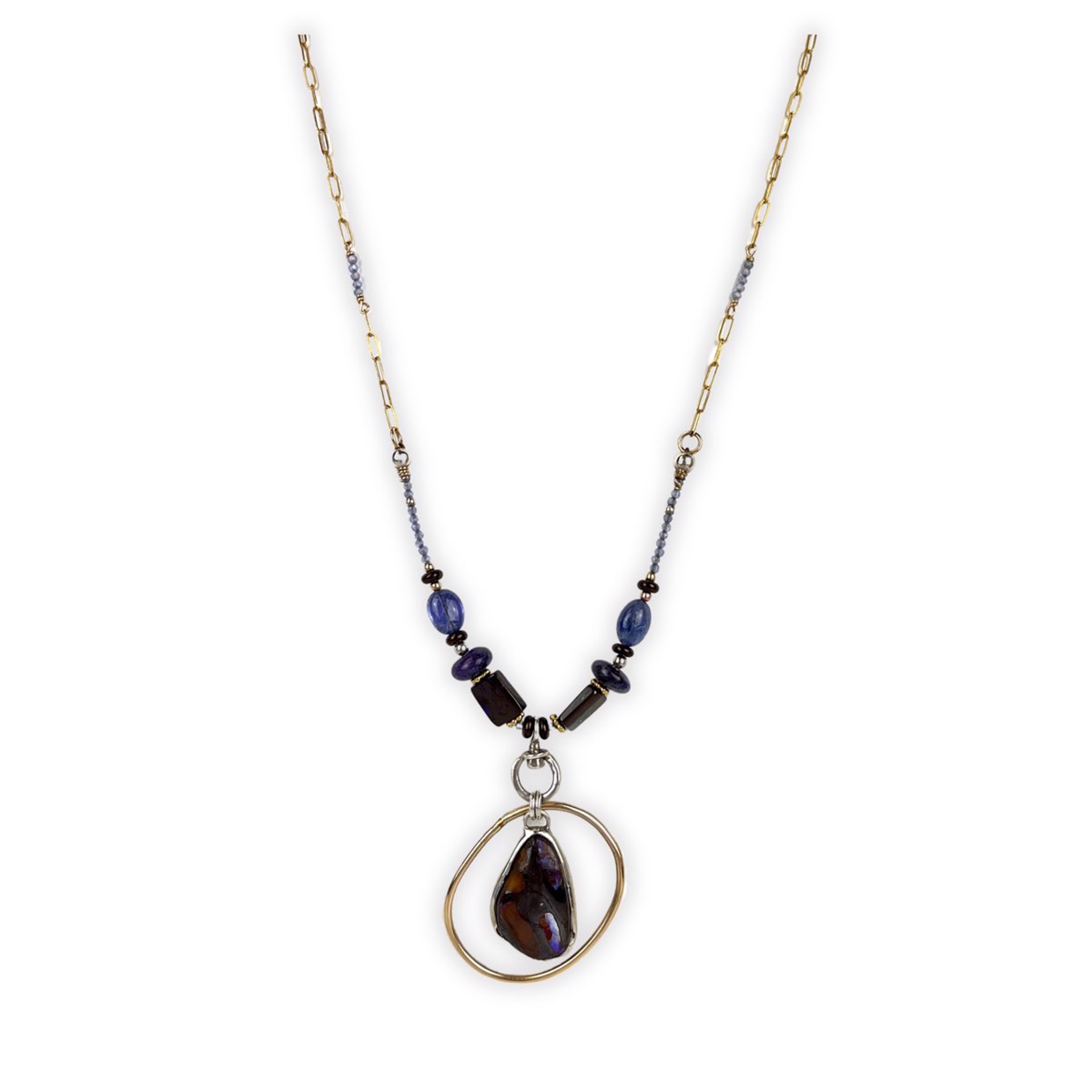 Boulder Opal, Tanzanite, Sugilite, 14KGF and Sterling Silver Hand-Fabricated Swivel Necklace by Nola Smodic