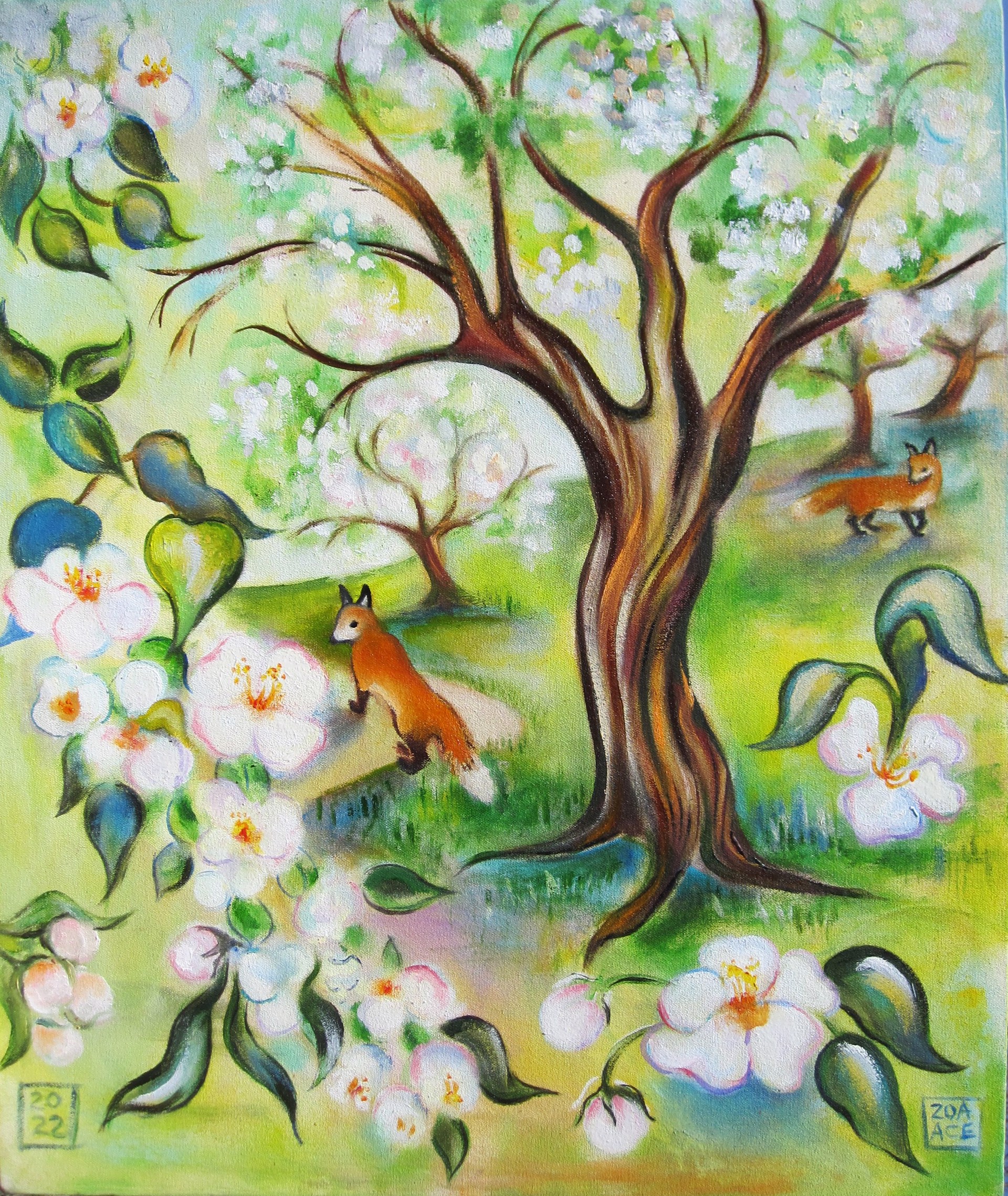 Apple Orchard with Foxes by Zoa Ace