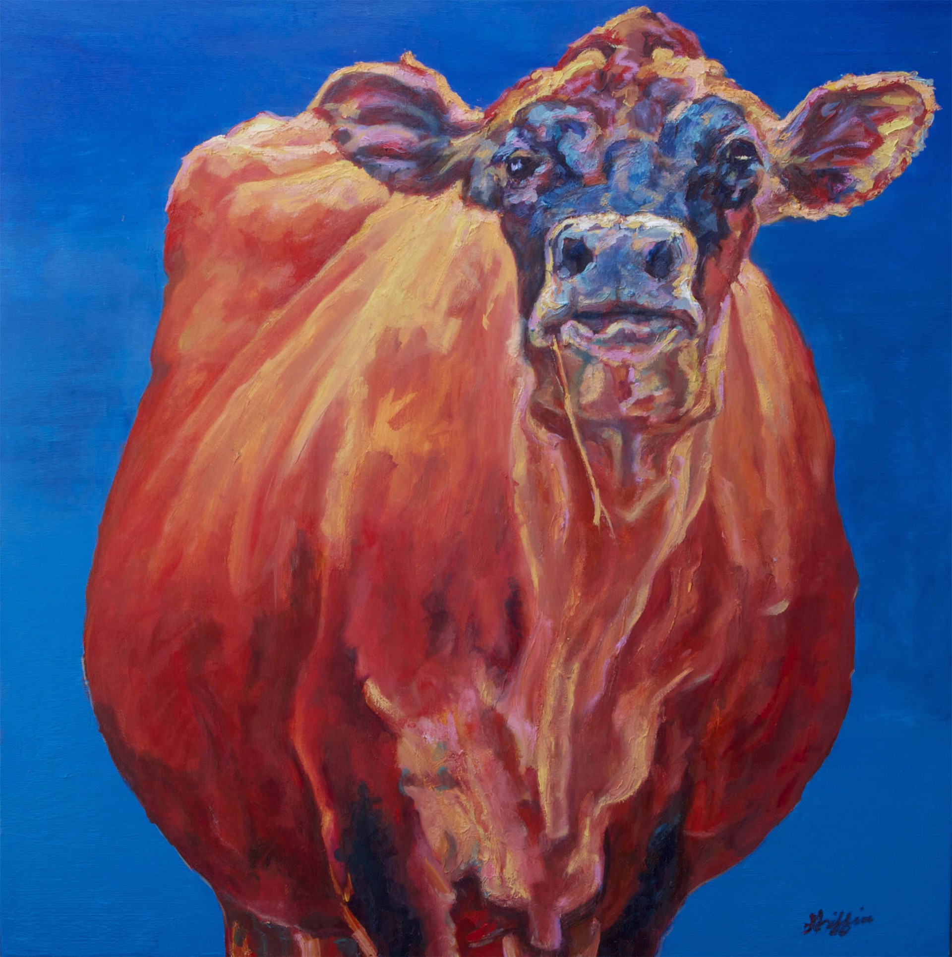Original Oil Painting Featuring An Orange Cow Over Blue Background
