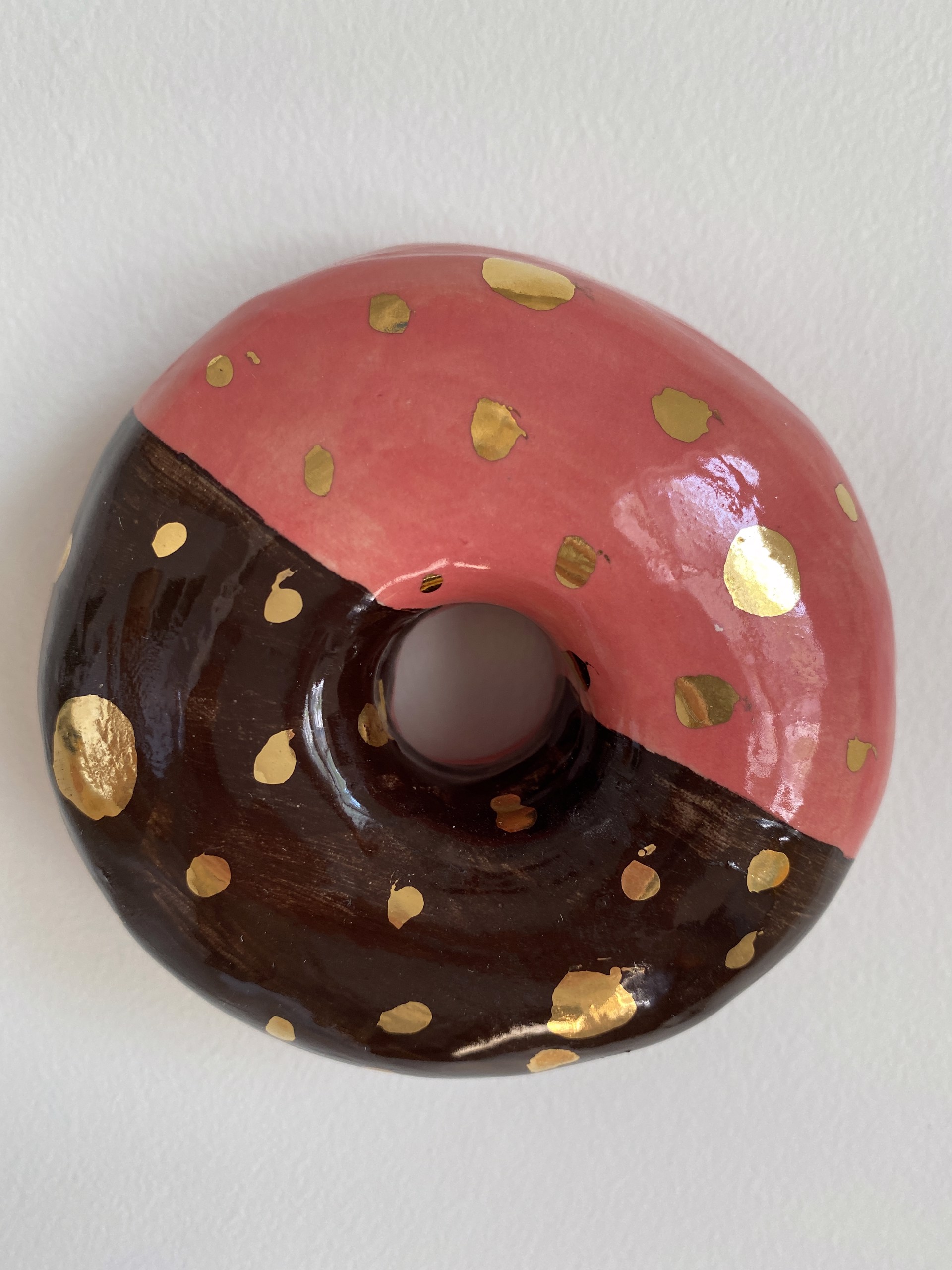 Chocolate and Strawberry Donut With Gold Luster Spots by Liv Antonecchia