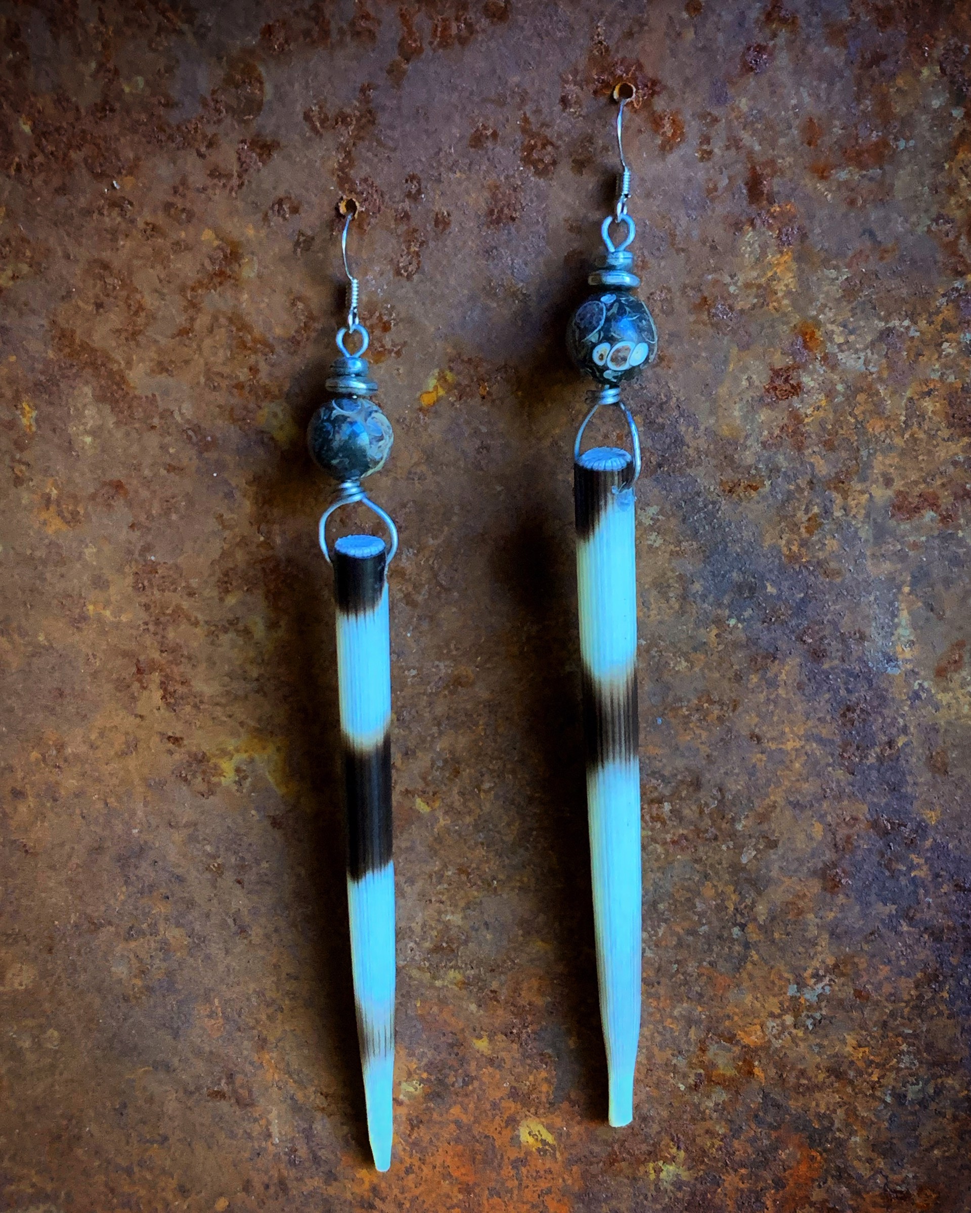 K505 African Porcupine Quills with Fossilized Coral by Kelly Ormsby