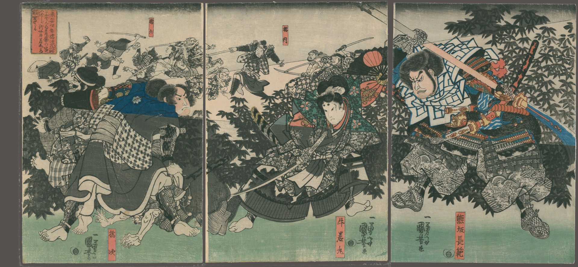Night Scene Of Ushiwaka Maru Fighting Chohan and his Gang at the Inn as one gangster Shines a Lantern by Kuniyoshi