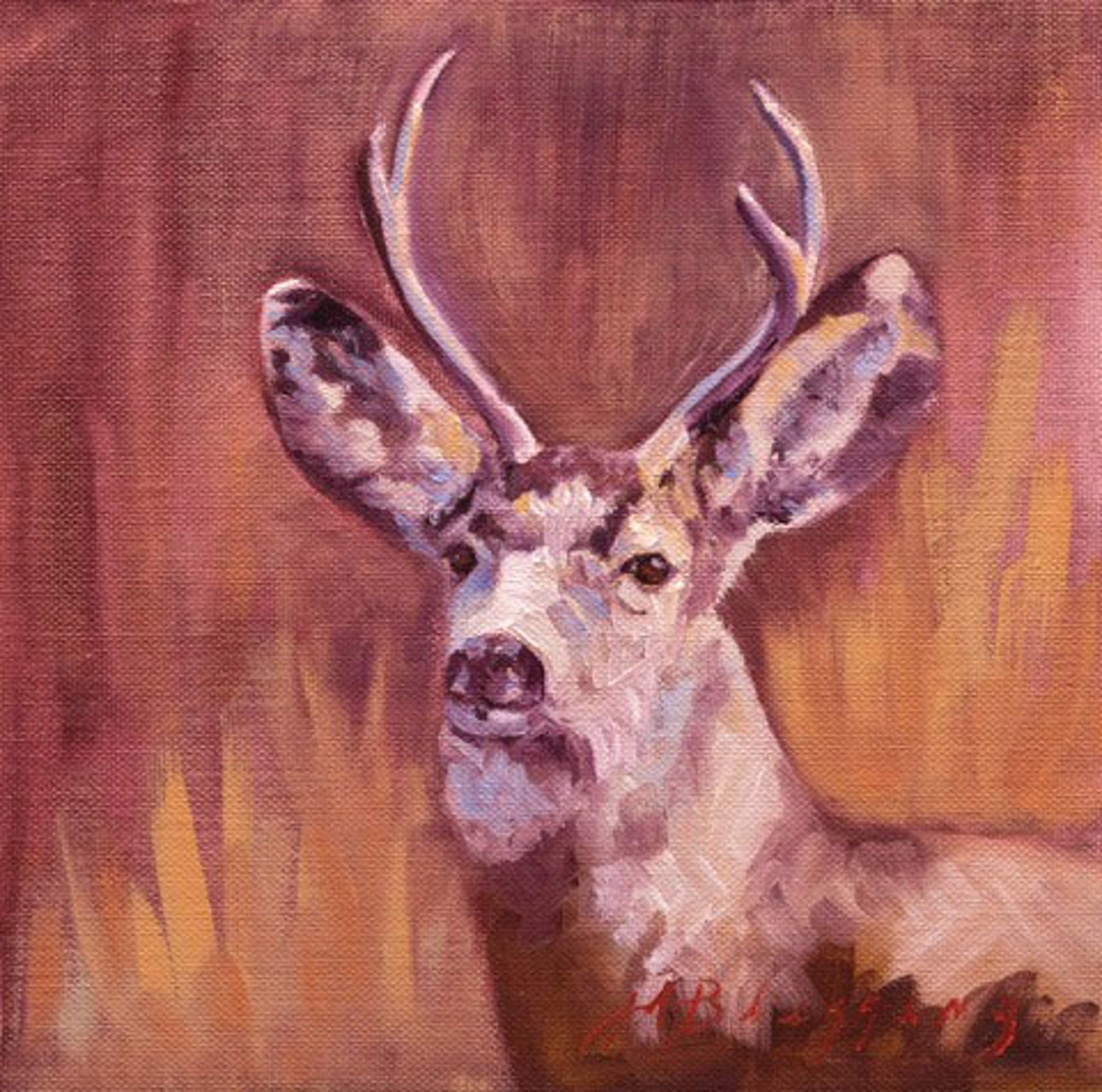 Original Oil Painting Featuring A Buck Deer Portrait Over Red Abstract Background