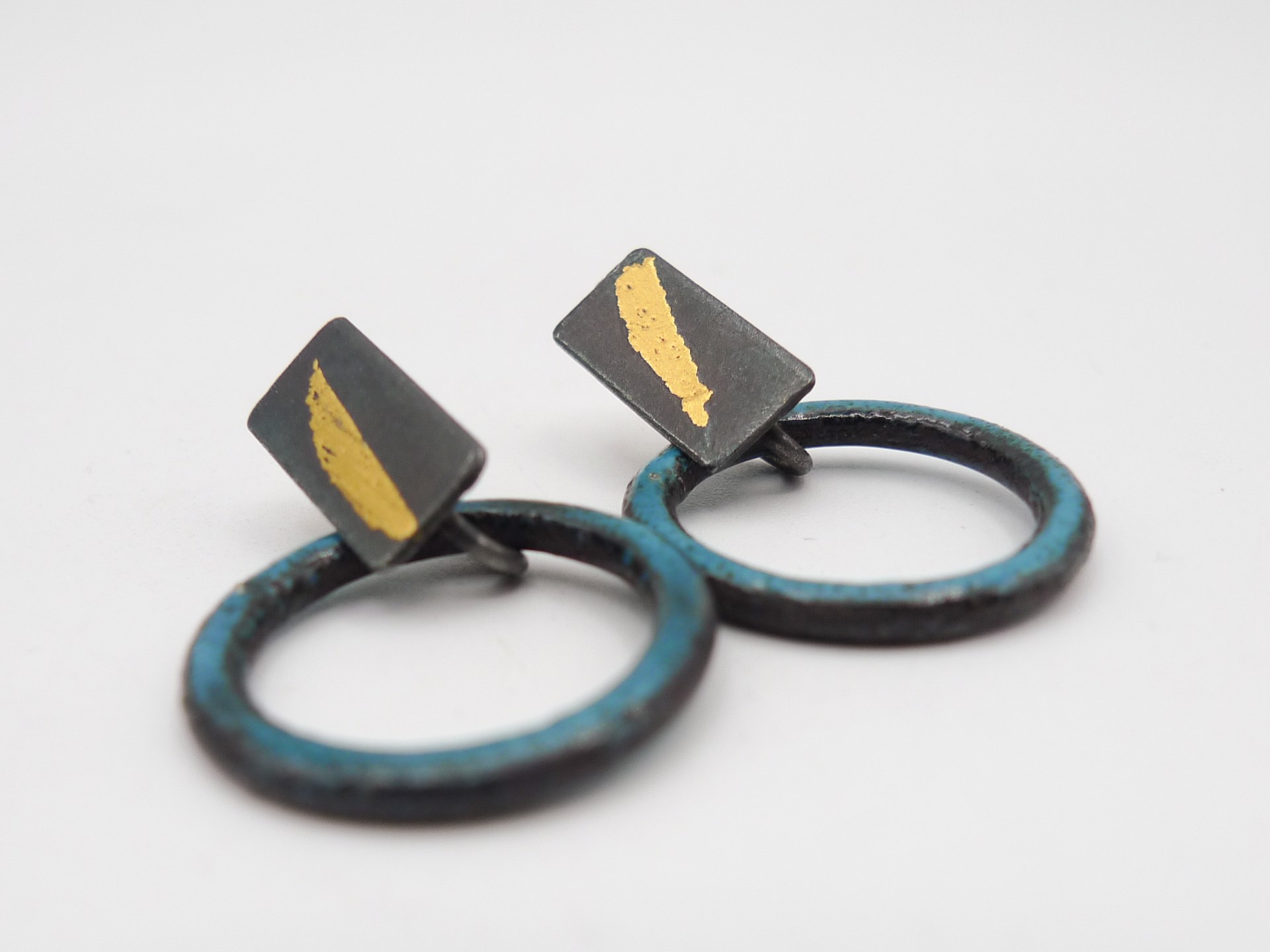 Small Gold Brush Bar Turquoise Circle Post Earrings by Susanne Henry