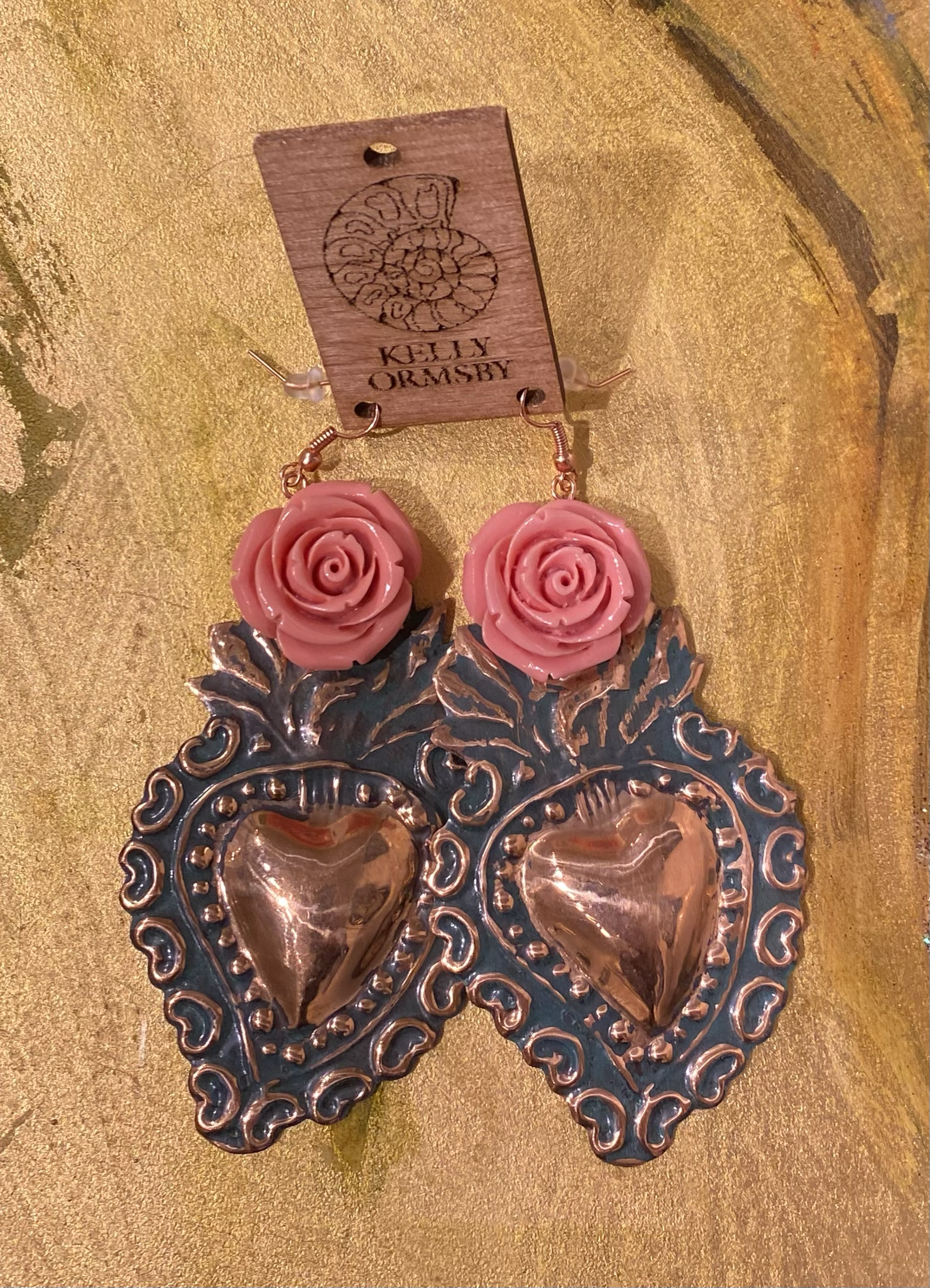 K722 Sacred Heart Earrings with Pink Roses by Kelly Ormsby