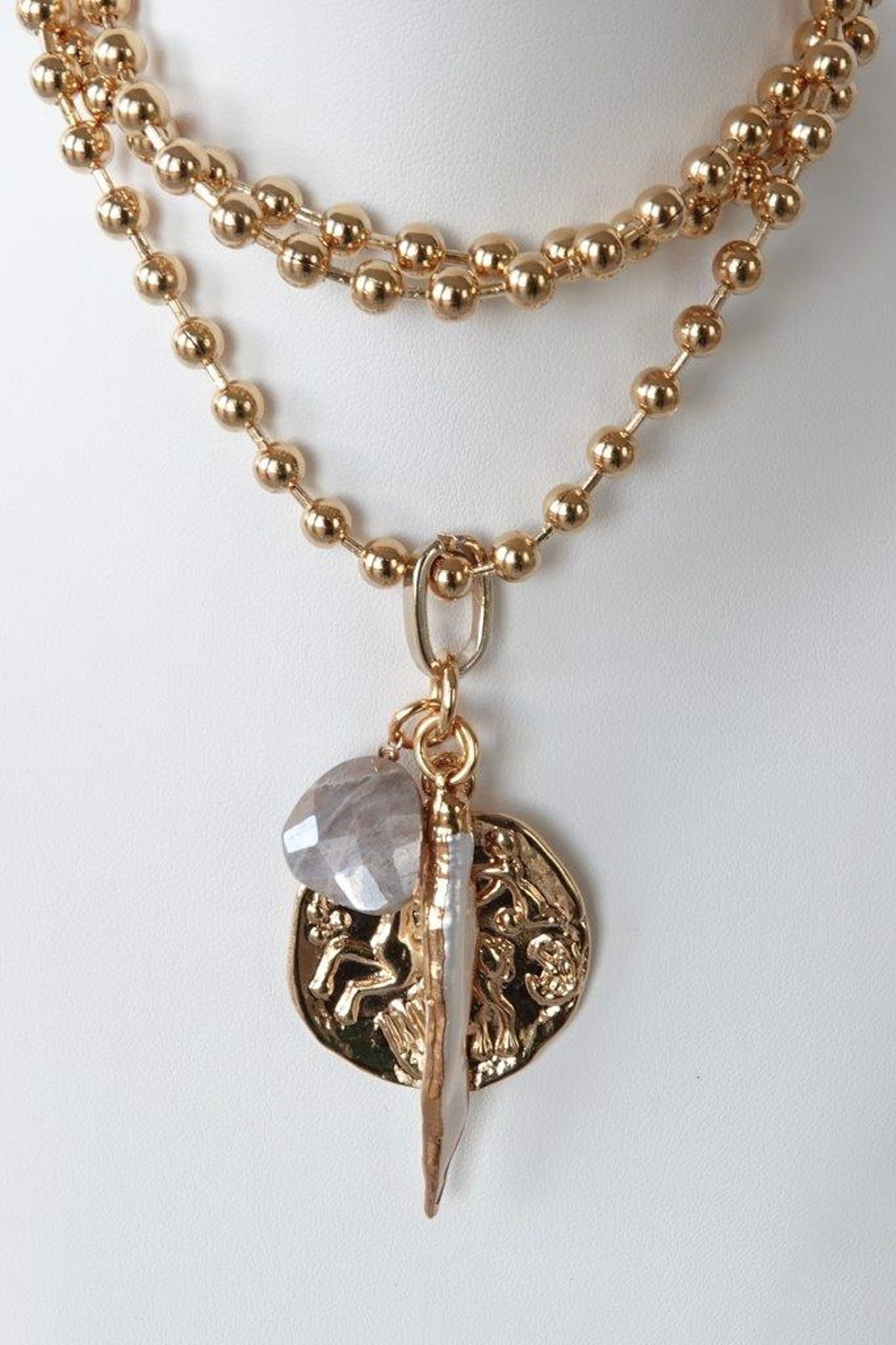 Freshwater pearl, Moonstone and Greek Coin pendant necklace by Christine Renau