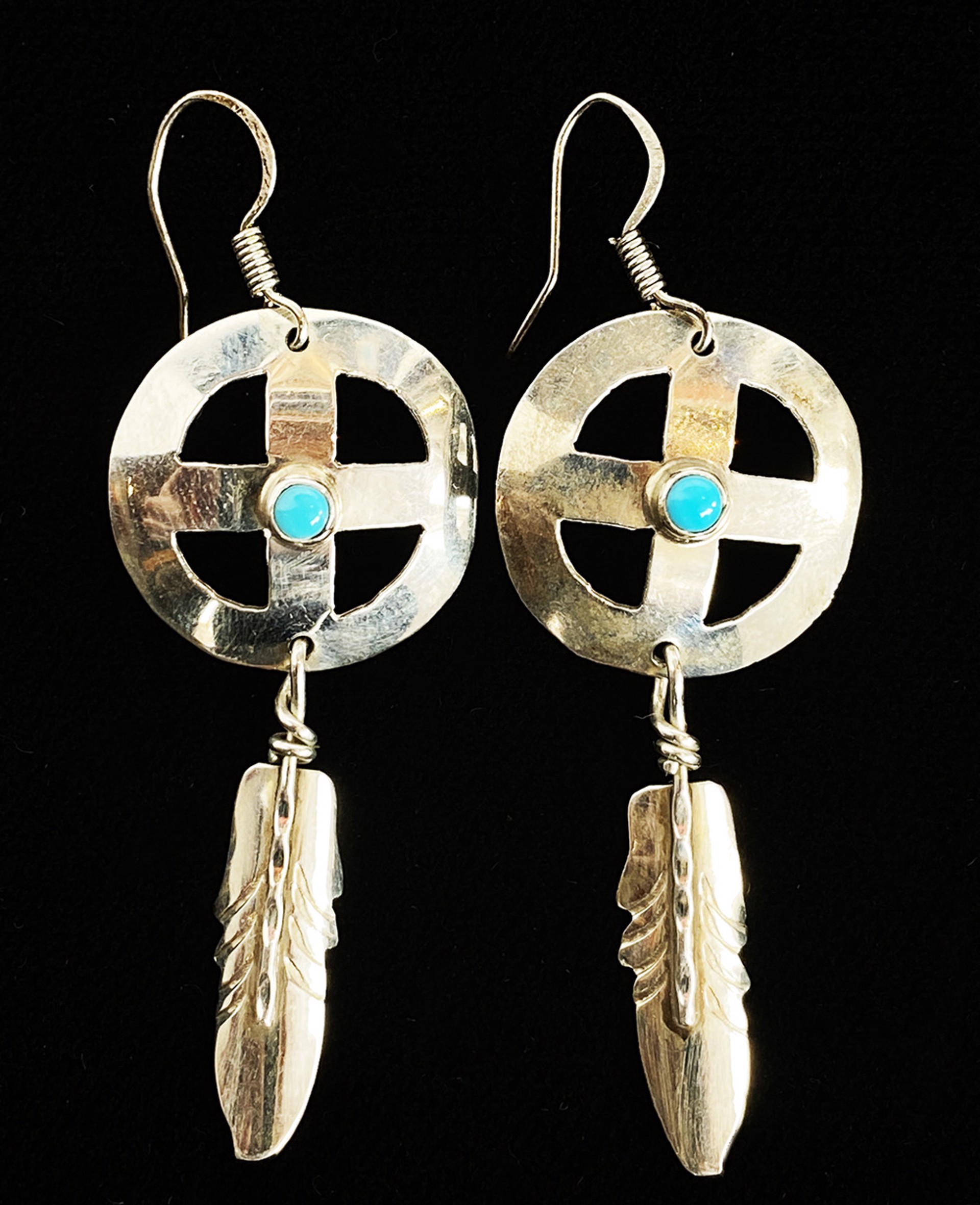 Sterling Wheels and Feather with Turquoise Earrings by Artist Unknown