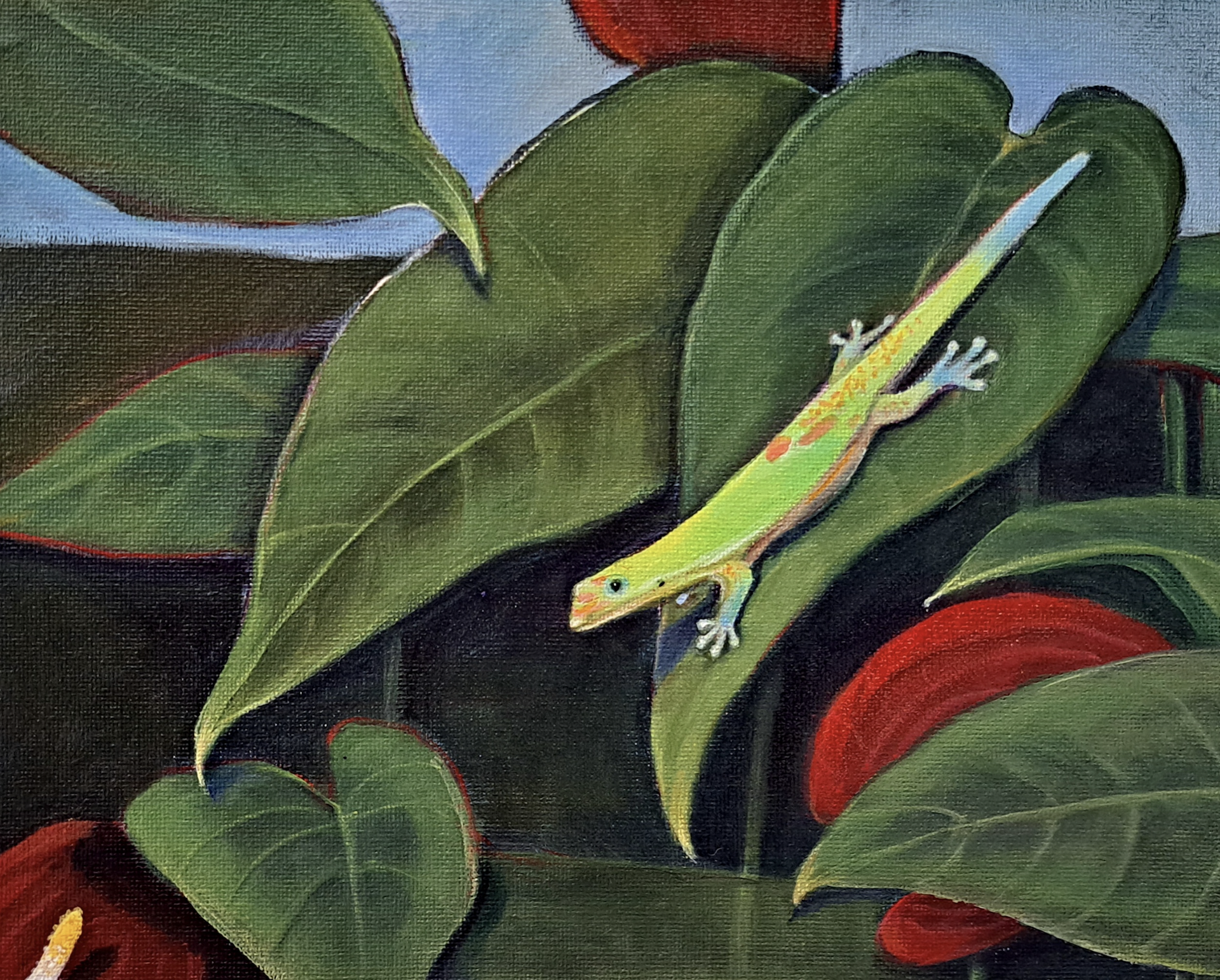 Green Gecko on Antherium by Catherine Cranford