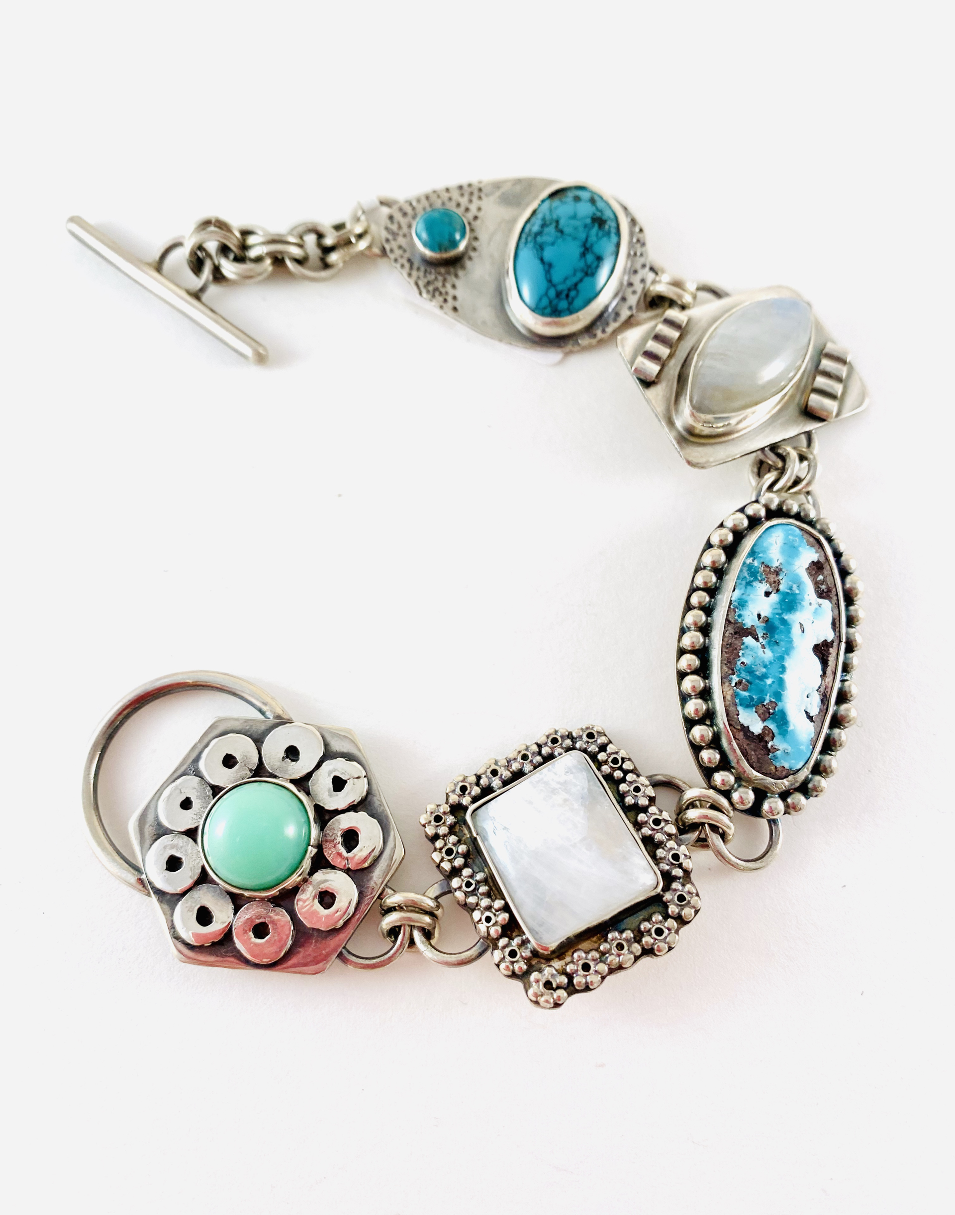 #138 Silver, Turquoise, Moonstone, Chrysophrase 8' Link Bracelet  by Anne Bivens