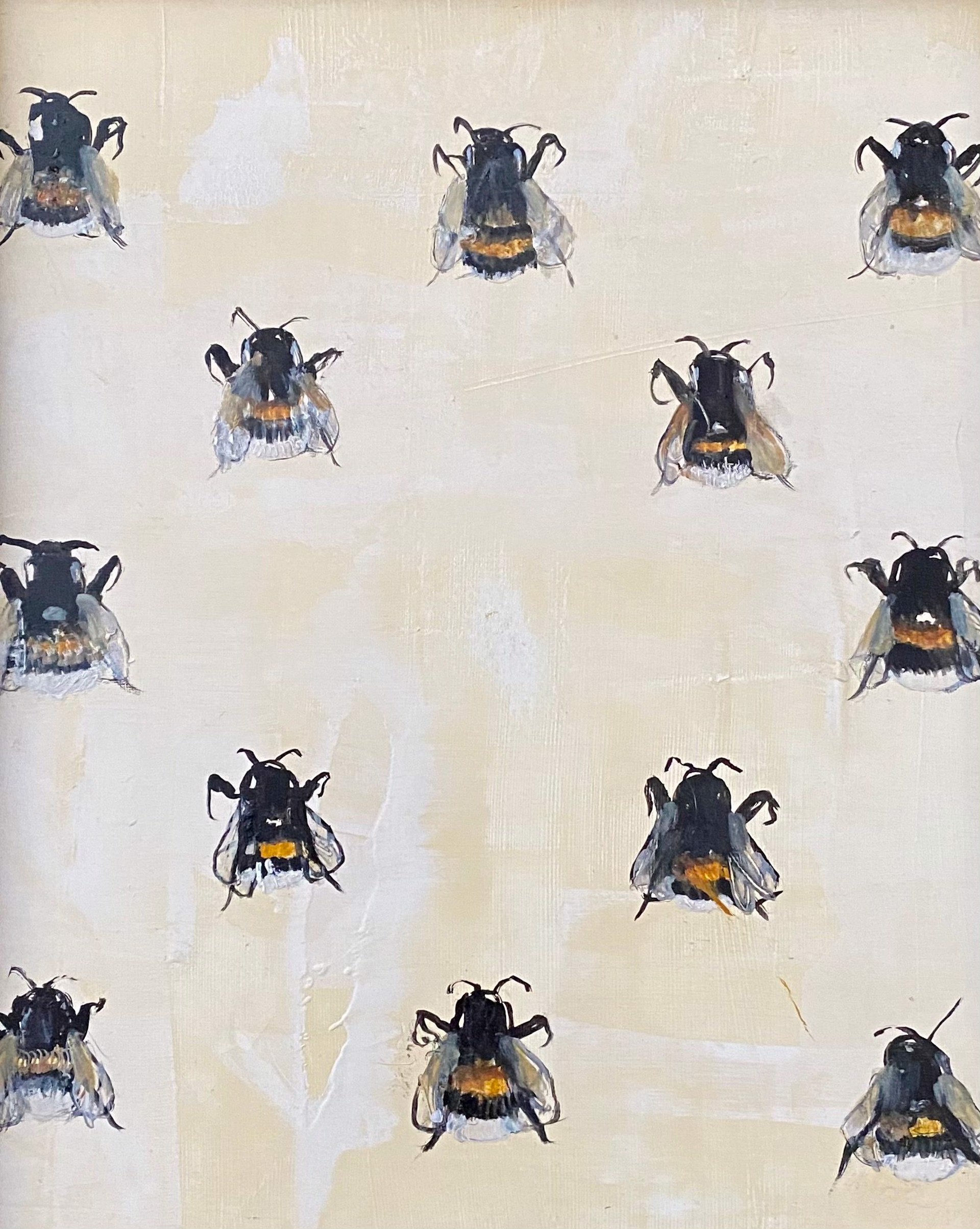 An Original Oil Painting Of Bees Arranged In A Pattern On A Warm Cream Contemporary Background, By Jenna Von Benedikt