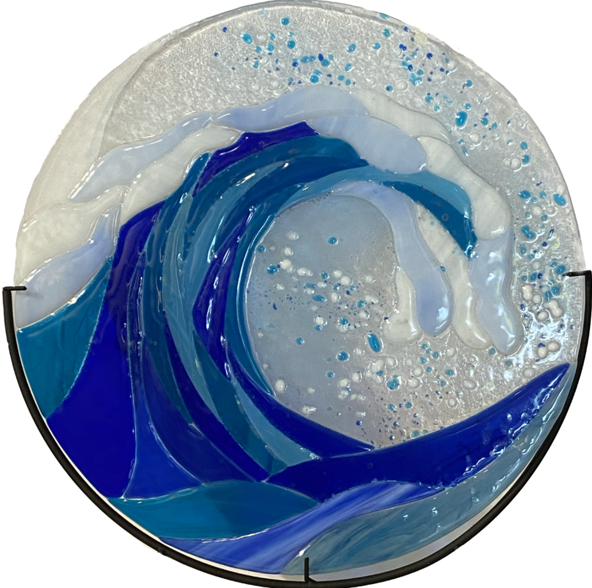 Round Fused Glass Wave Design With Stand by Joe Dwight