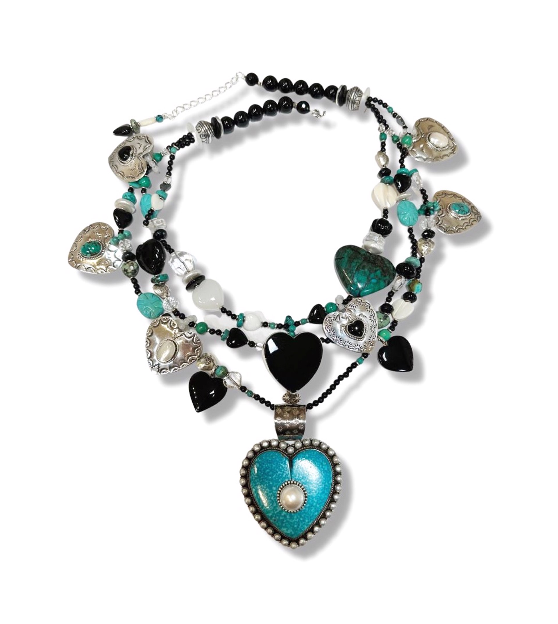 KY 1491 Three Strand Turquoise, Onyx and Crystal Necklace by Kim Yubeta