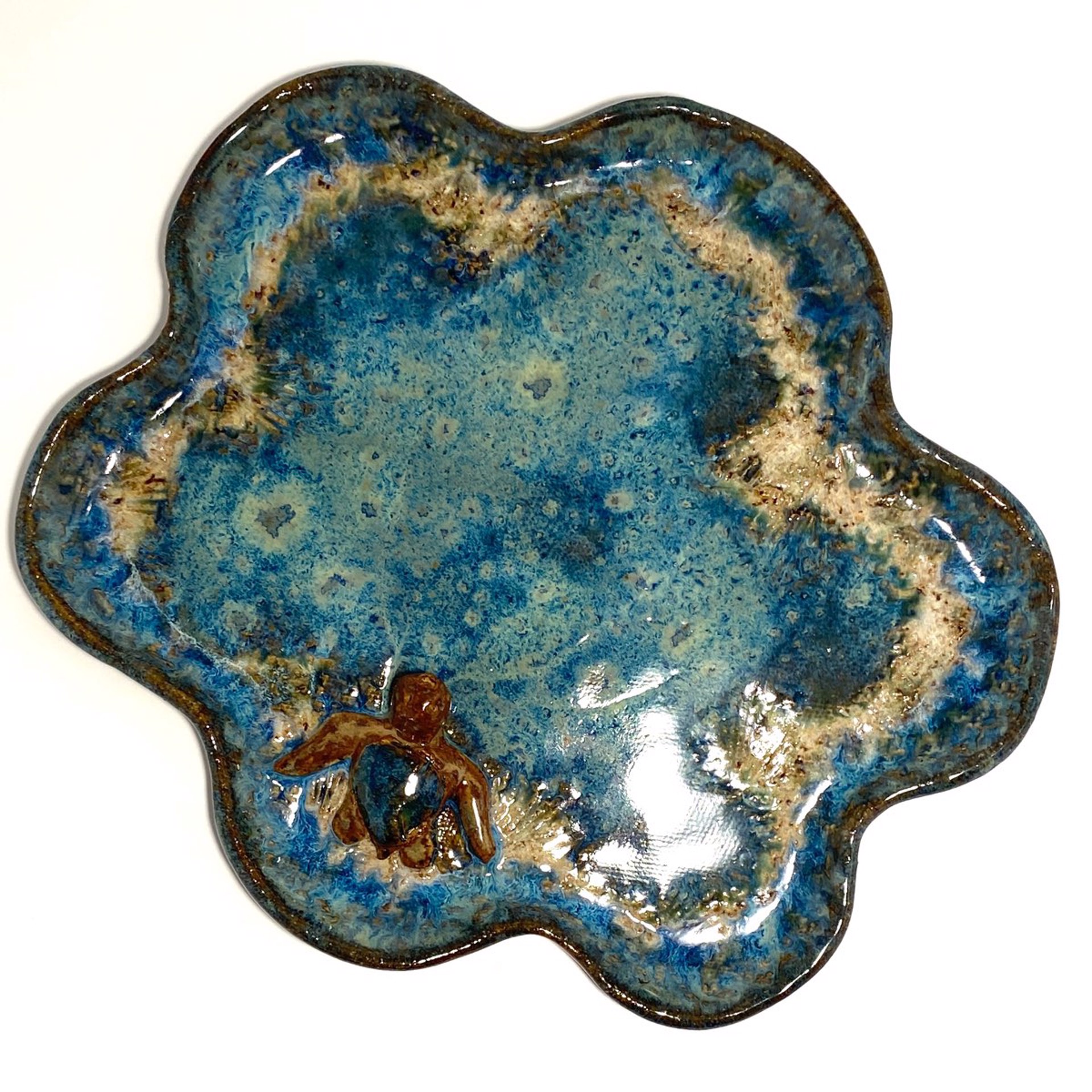 Small Plate with One Turtle (Blue Glaze) LG23-1177 by Jim & Steffi Logan