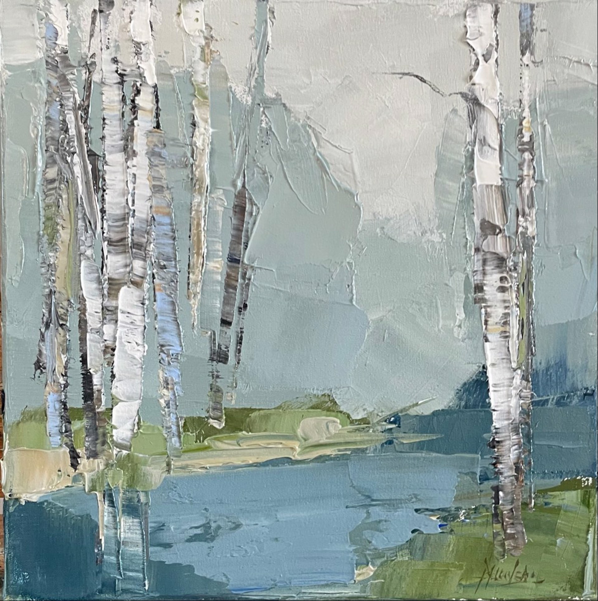 Birch And Blue Water by Barbara Flowers