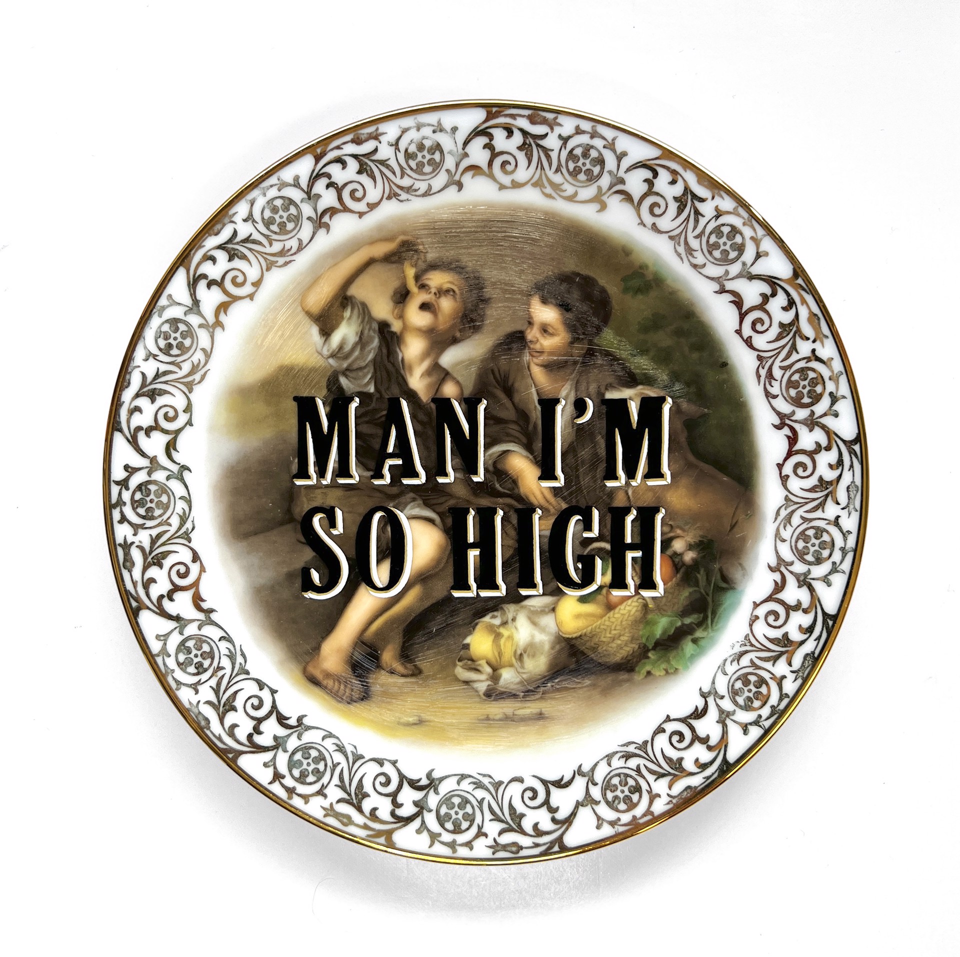 Man I'm so high (dessert plate) by Marie-Claude Marquis