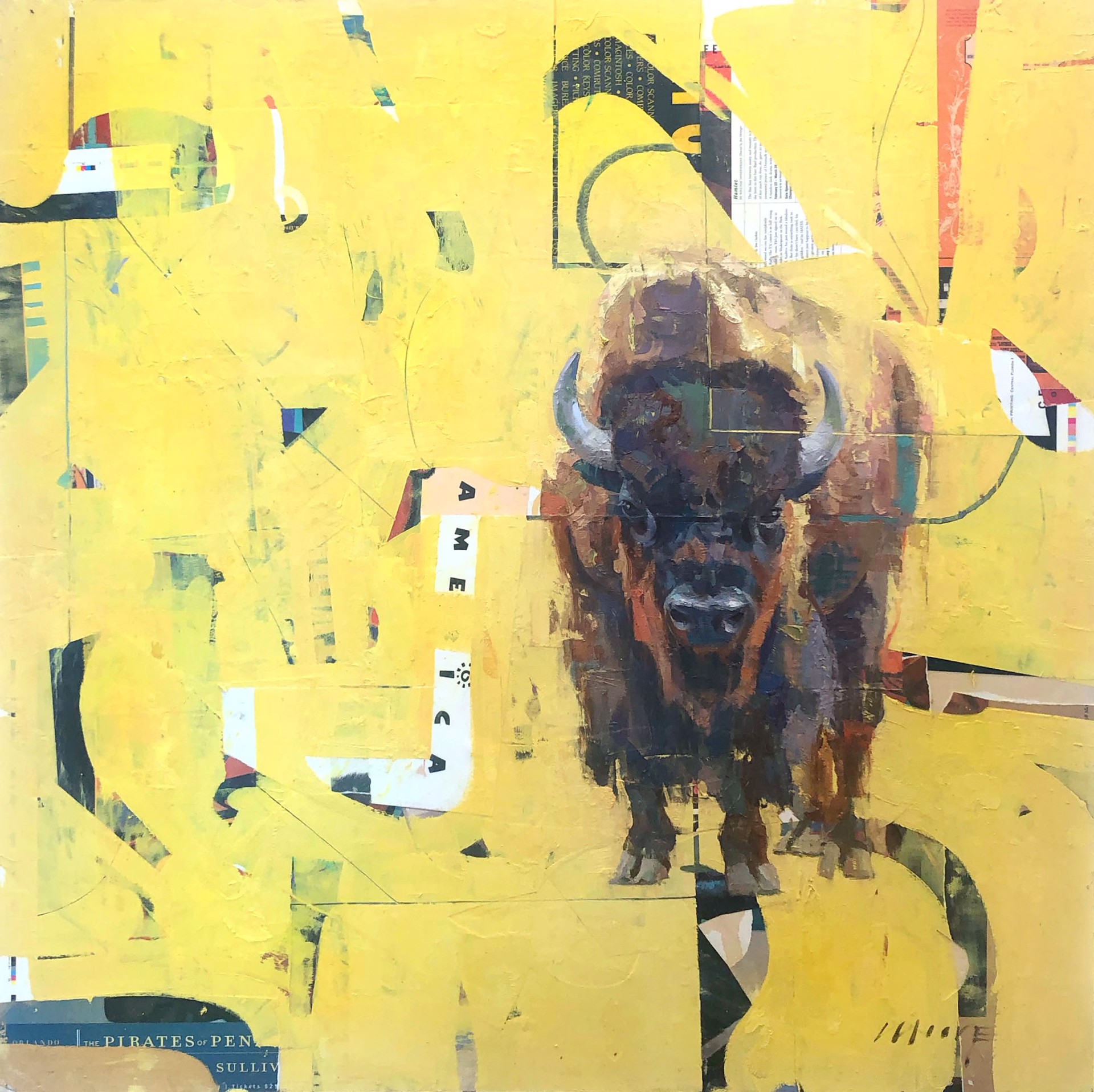 A Contemporary Abstract Painting Of A Bison Facing The Viewer With A Yellow And Collage Background At Gallery Wild
