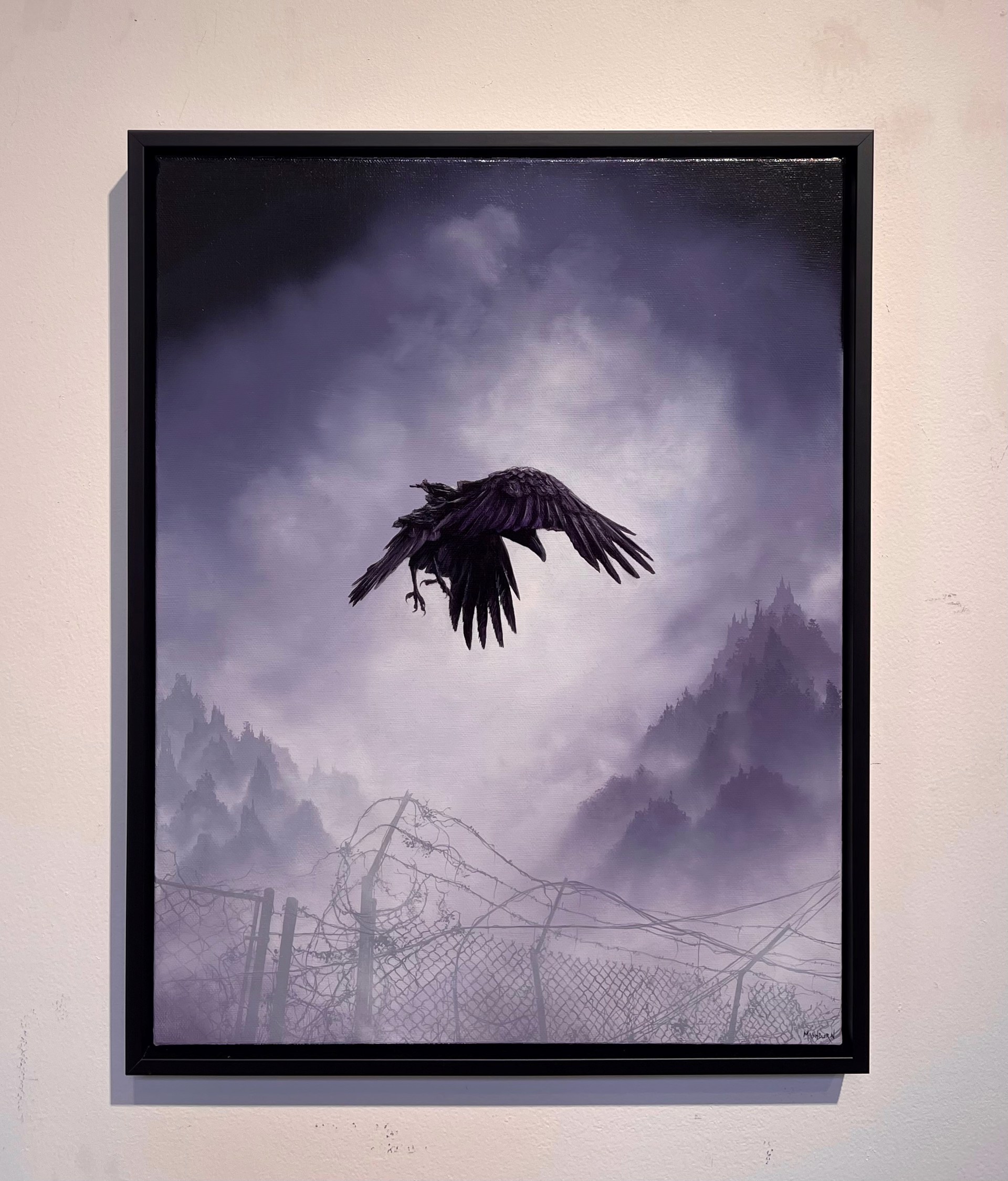 Raven Aloft Over Foggy Barbed Wire by Brian Mashburn