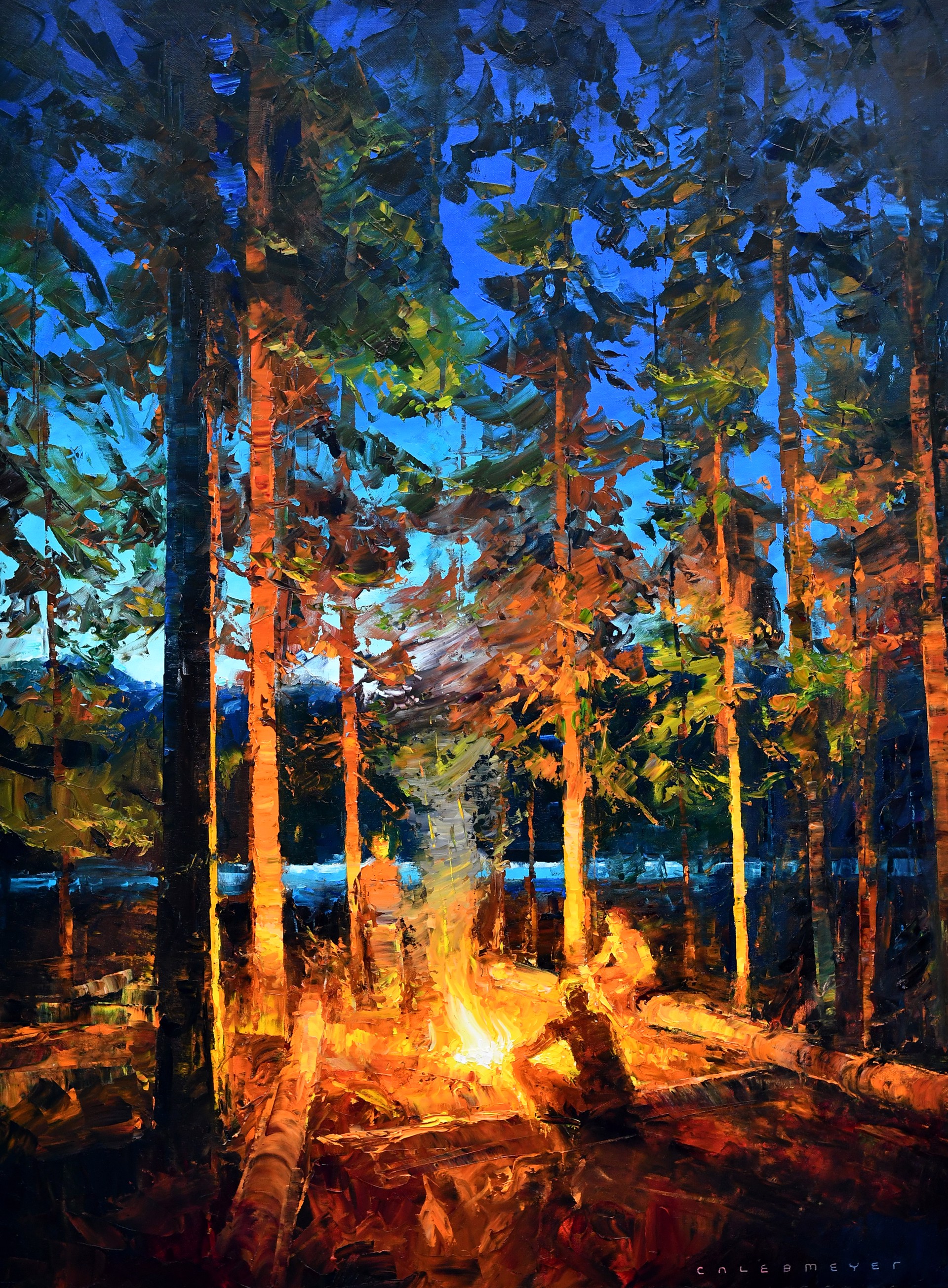 Original Oil Painting Featuring A Campfire At Dusk 