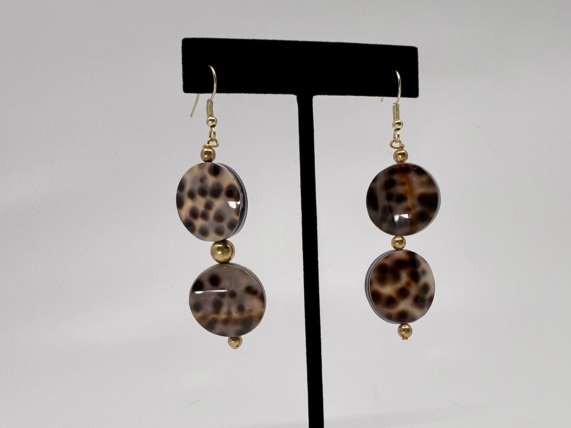 Tiger Shell Earrings with Gold Beads Two Stones by Gina Caruso