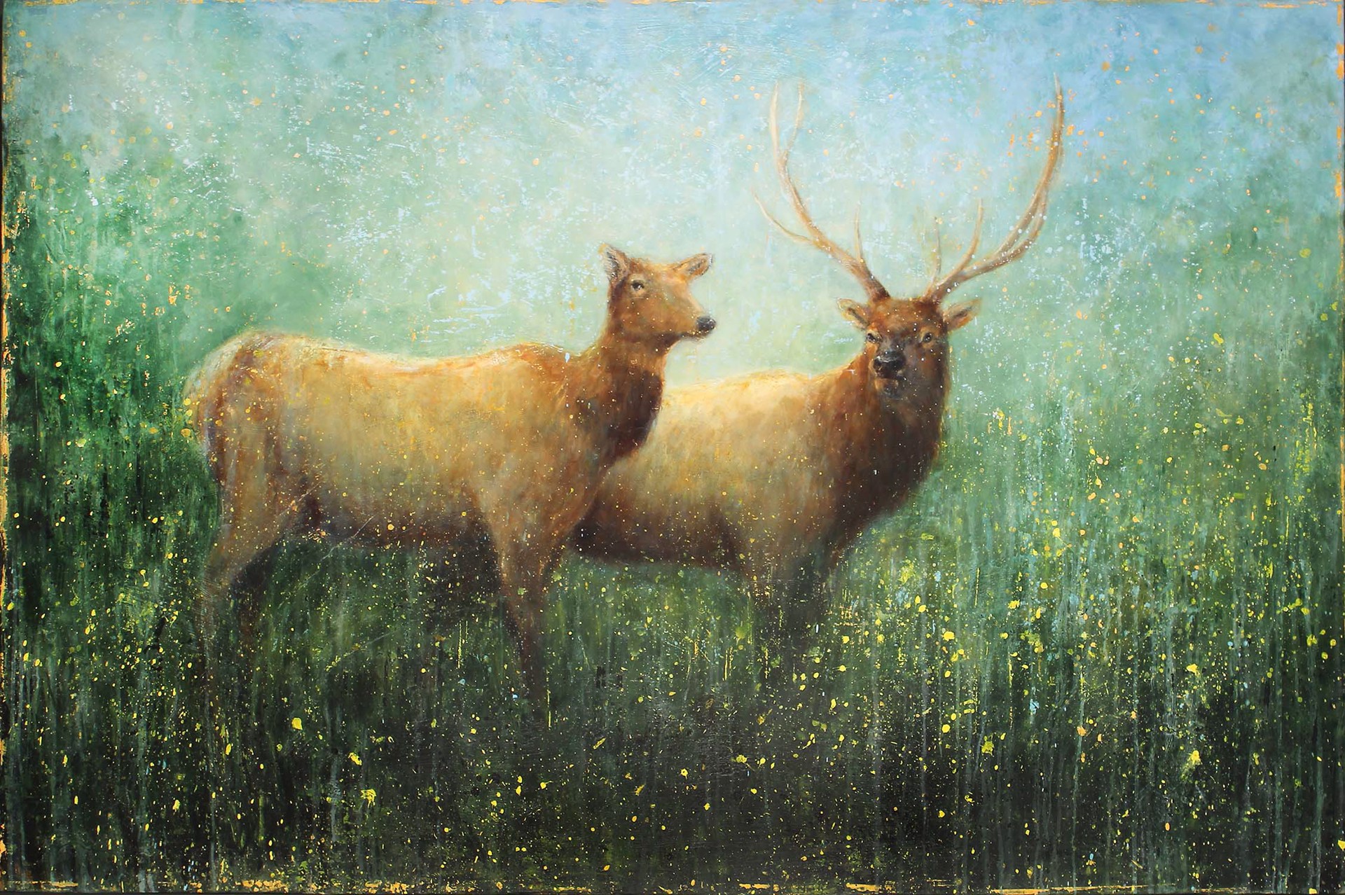 A Contemporary Mixed Media Painting Of A Bull And Cow Elk In A Meadow By Matt Flint At Gallery Wild