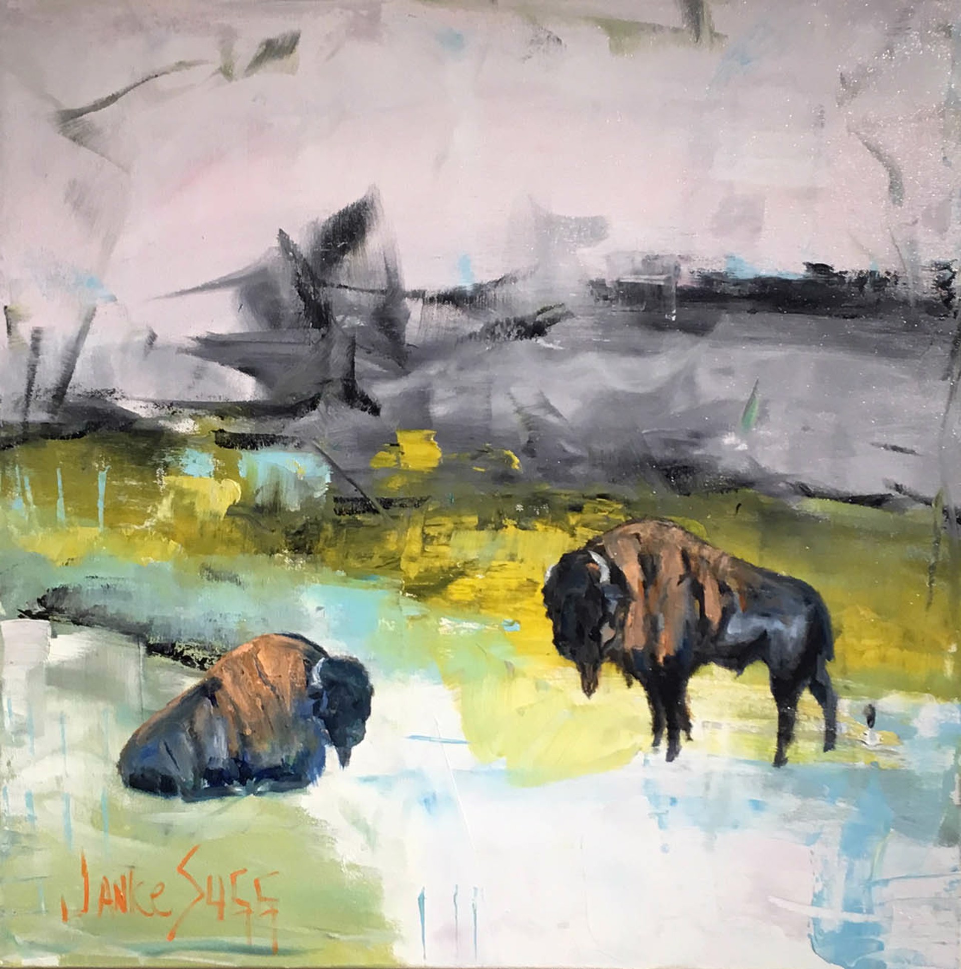 Bison Drinking From a Cool Spring by Janice SUGG