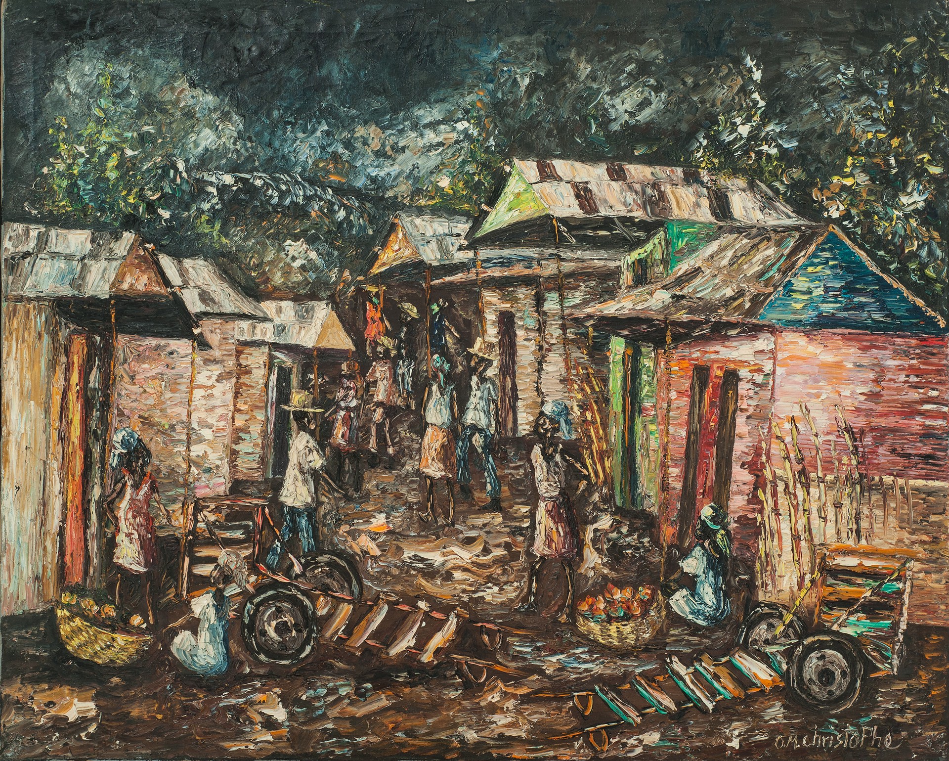 Street Market Scene  #13-3-96GSN by Osmin Christophe(Haitian, b.1935)