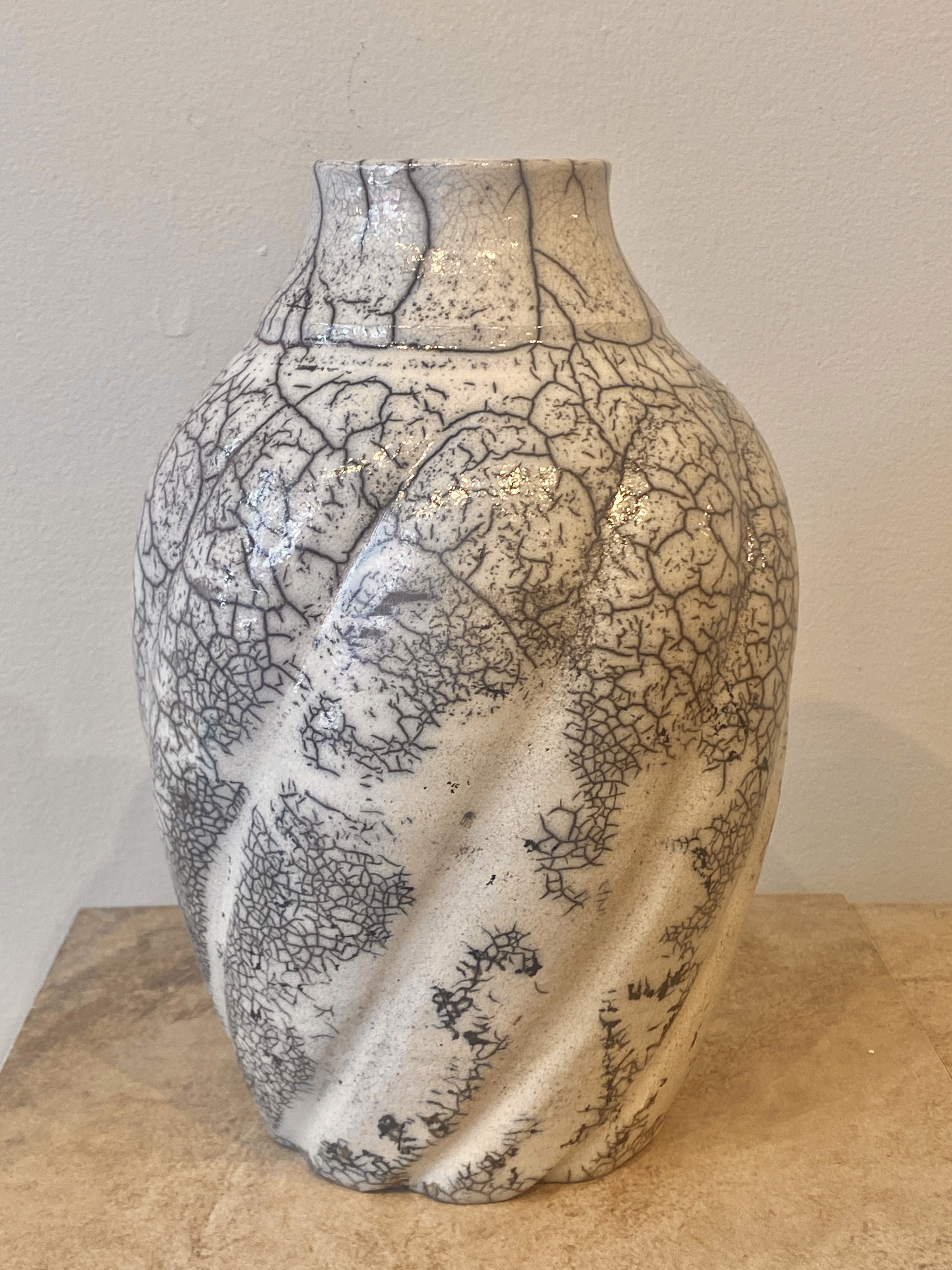 Spiral White Crackle Vase SB23-42 by Silas Bradley