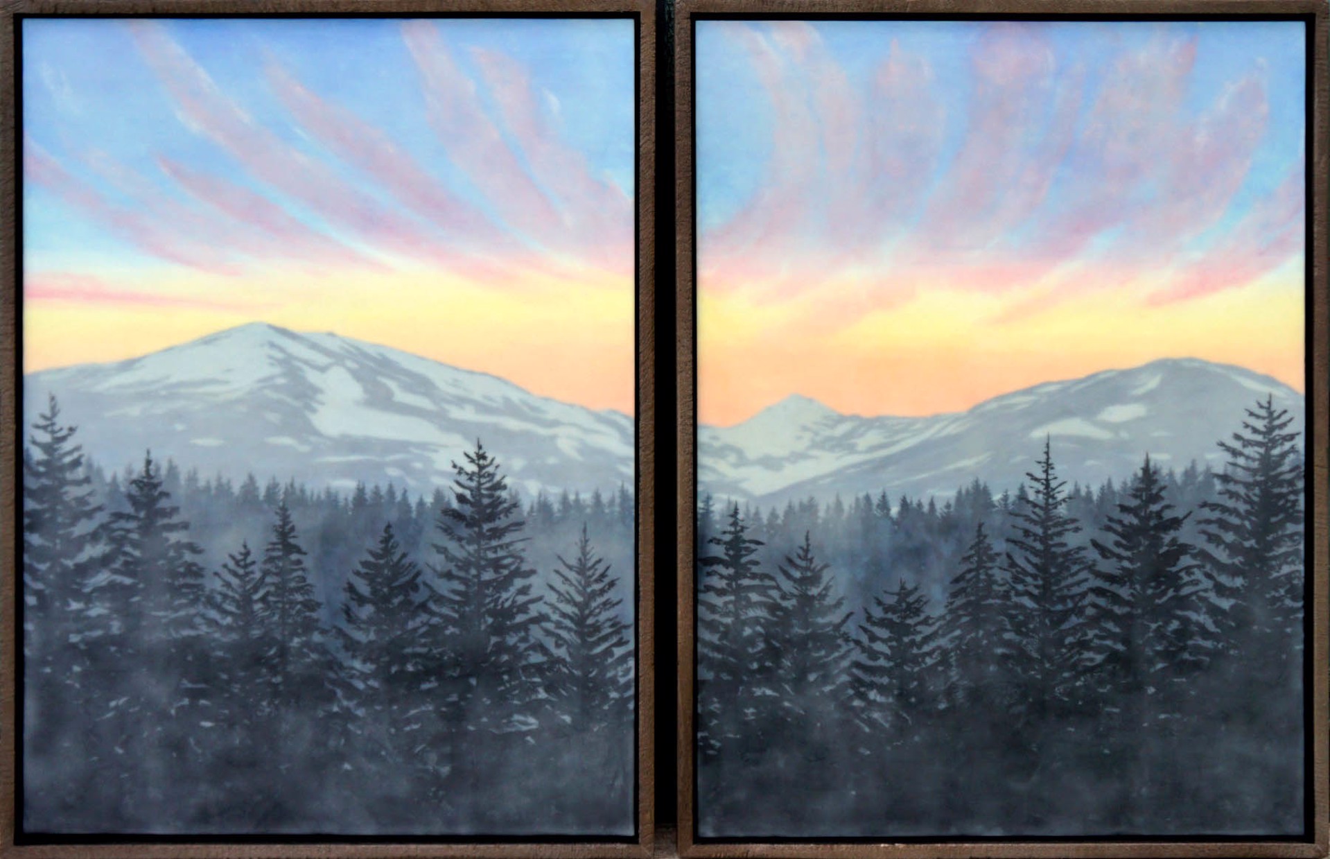 Original Landscape Painting Featuring Snow Covered Mountain Peaks With Sunset Sky And Silhouette Pine Trees