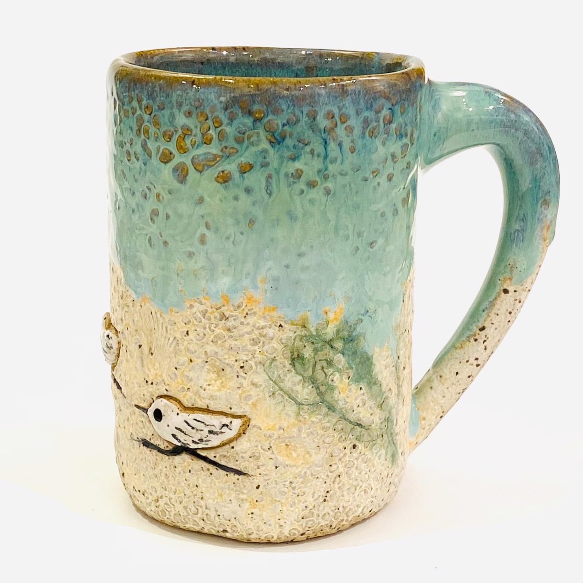 LG22-937 Mug with Sandpiper (Green Glaze) by Jim & Steffi Logan