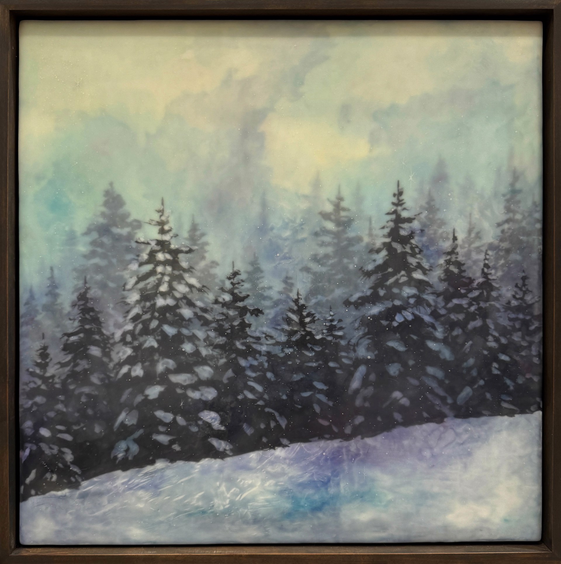 Original Encaustic Painting By Bridgette Meinhold Featuring A Pine Covered Mountain Slope