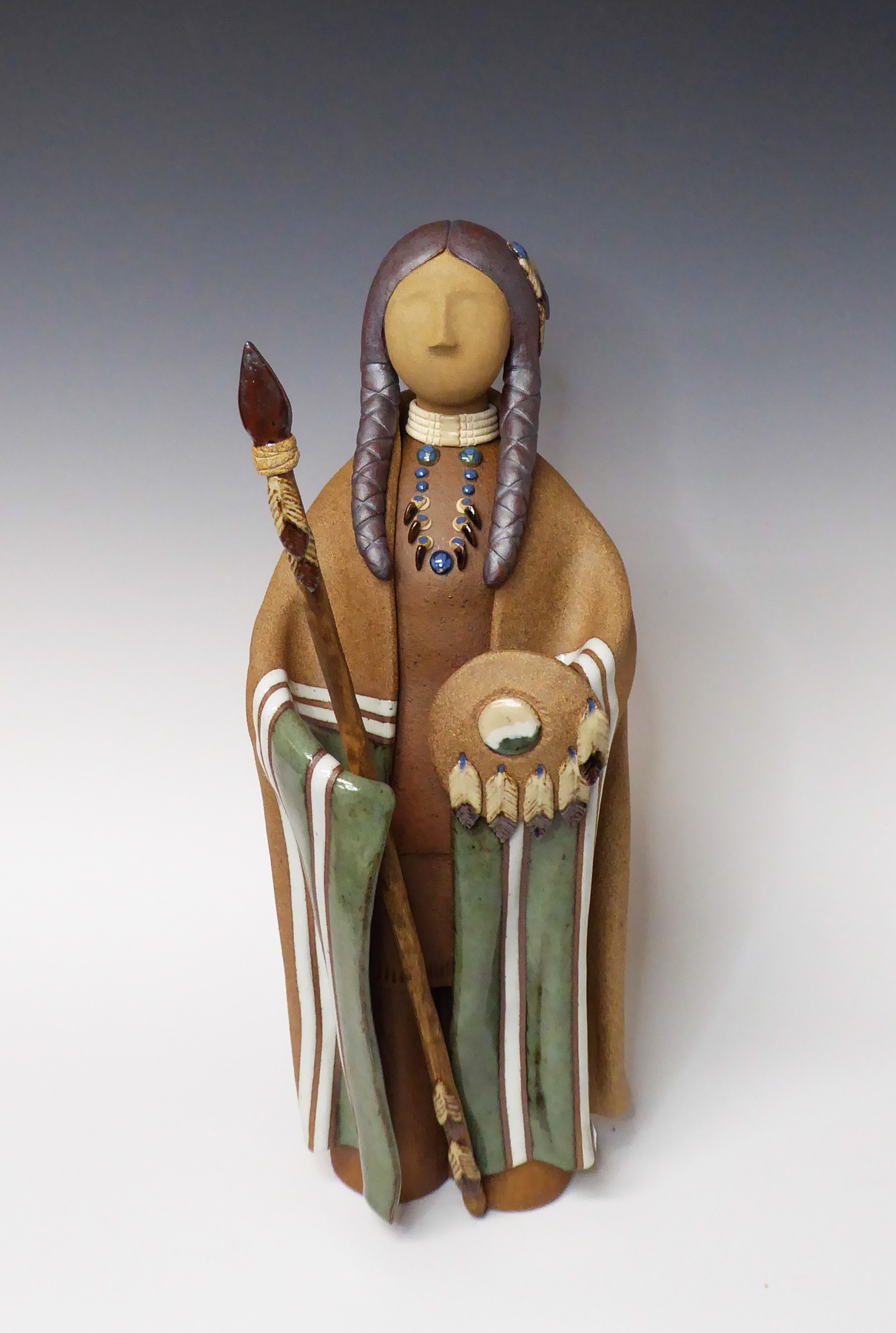 Lakota Warrior - Green Blanket with Shield and Spear by Terry Slonaker