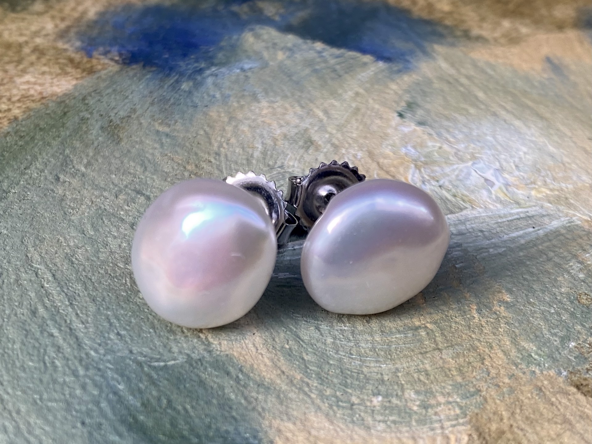 Fresh Water Baroque Pearl Button Earrings 12x11 mm 14K white gold by Sidney Soriano