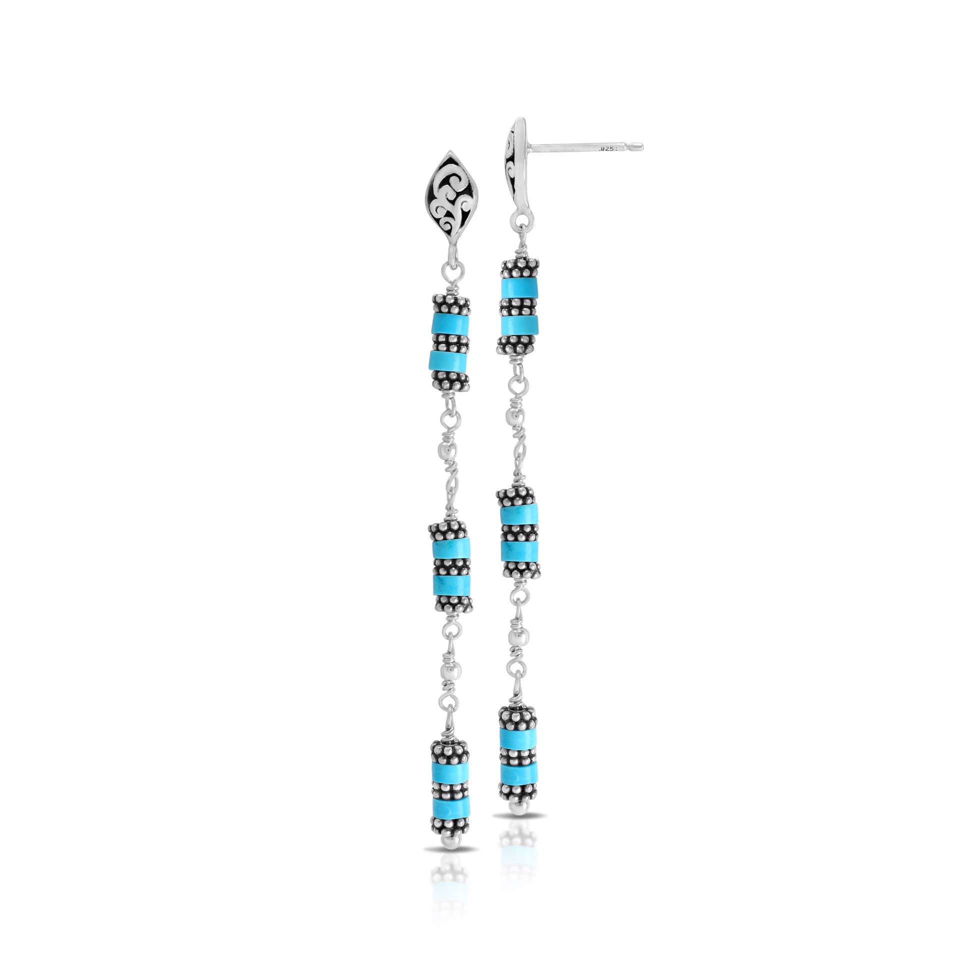Sterling Silver and Turquoise Drop Earrings with Silver Beads and Earring Backing by Lois Hill