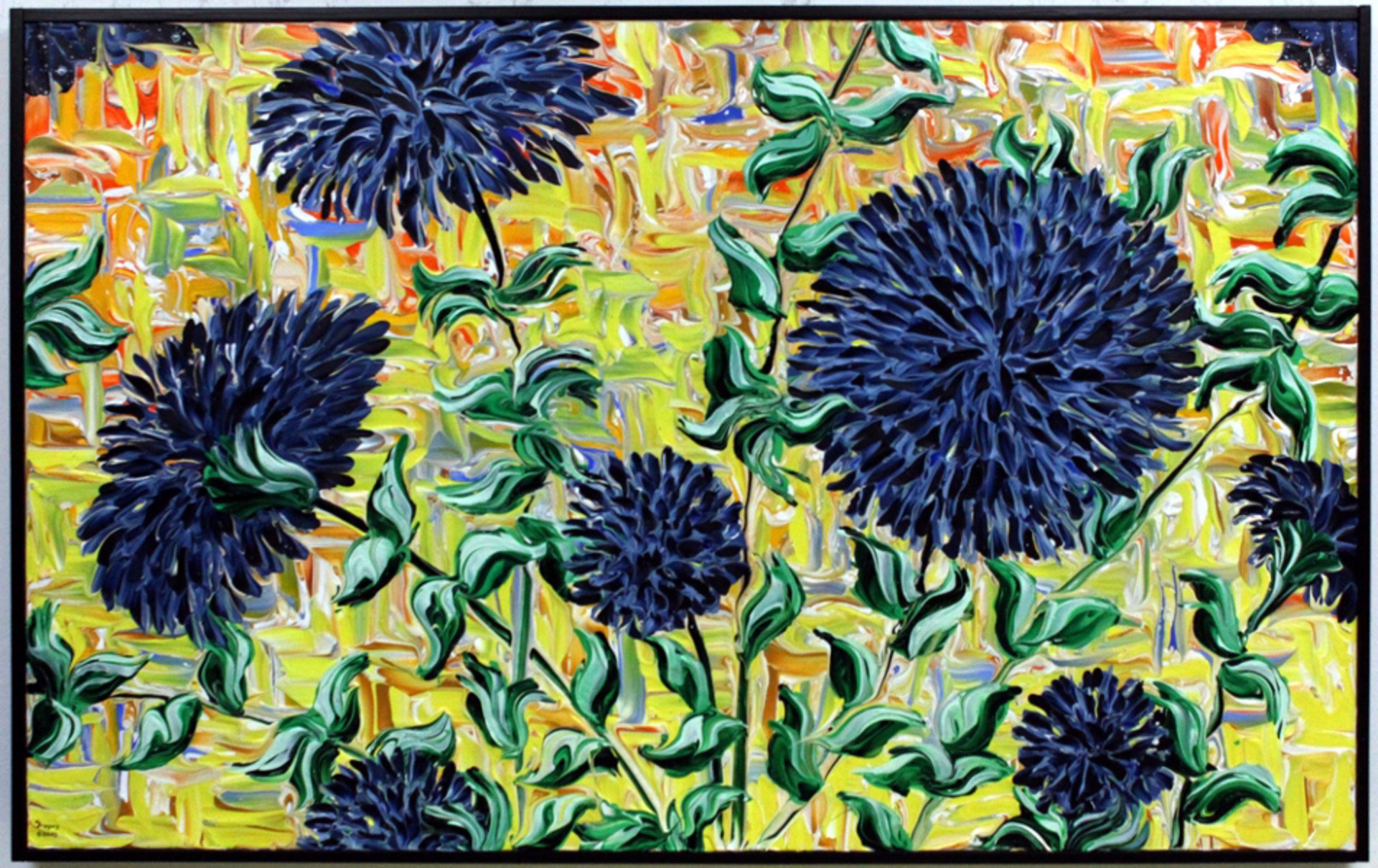 Navy Blue Dahlias with Hatched in Yellowish Sky by Gregory Horndeski