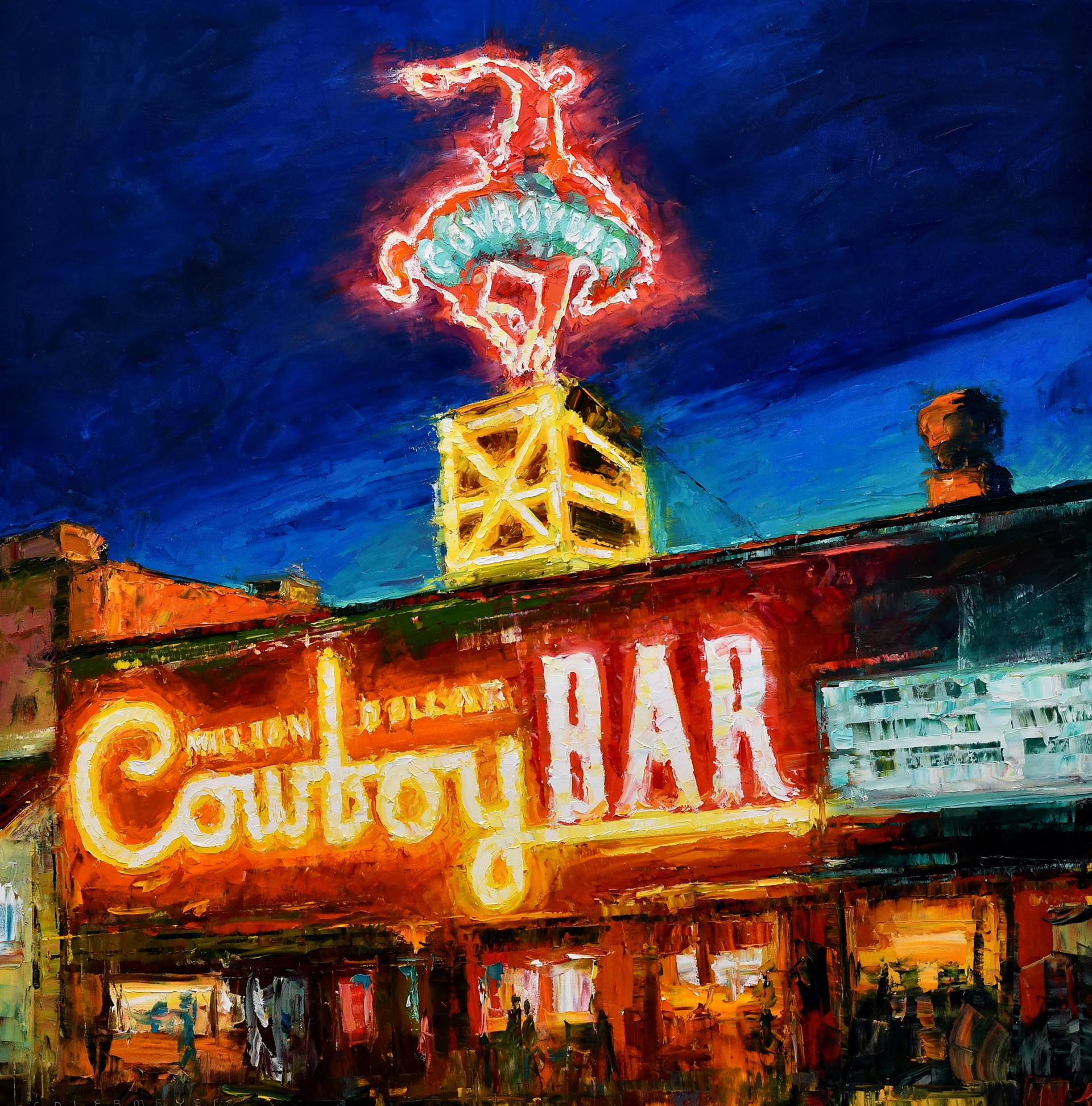 Original Oil Painting Featuring The Million Dollar Cowboy Bar At Night With Neon Lights