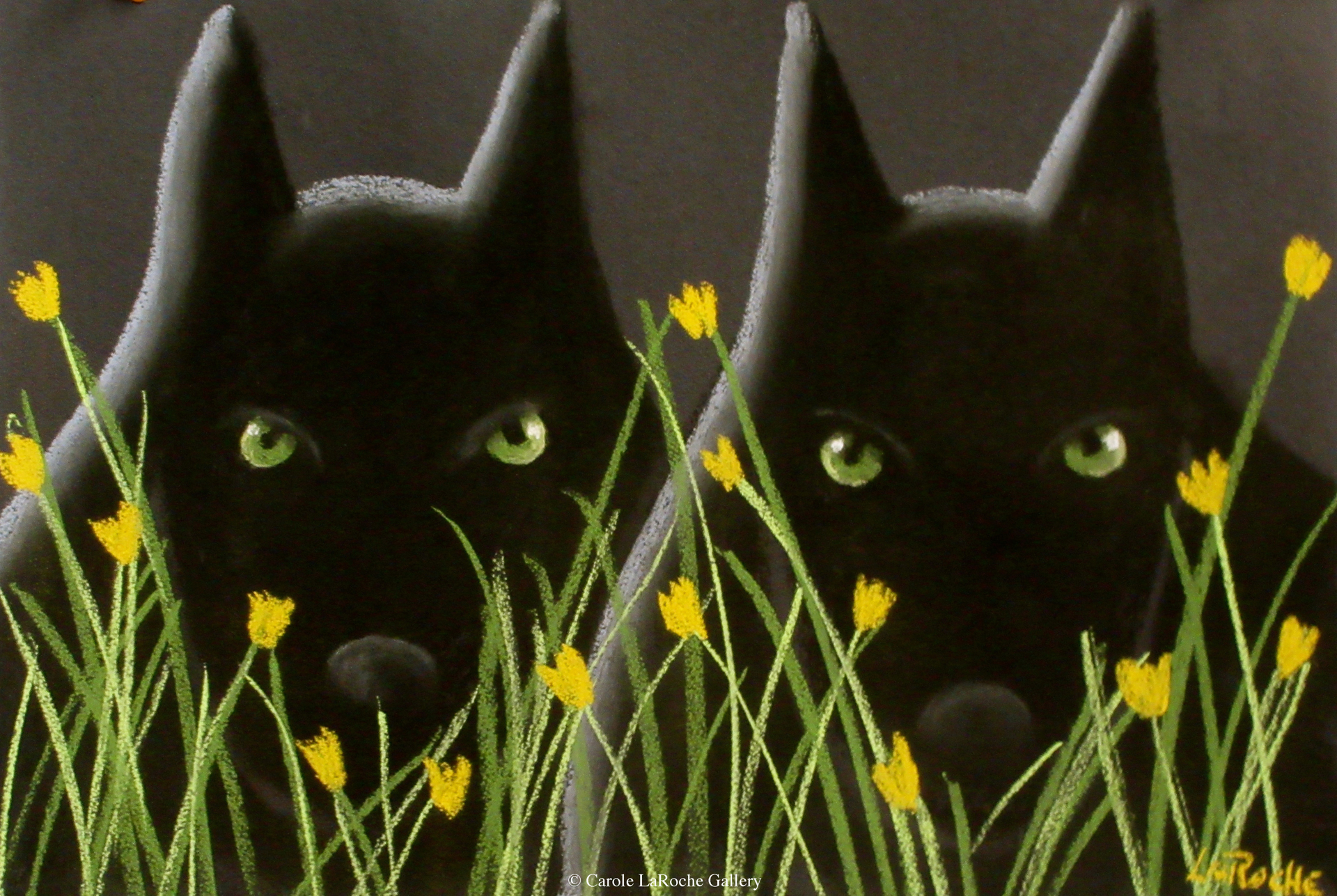 TWO BLACK WOLVES AND YELLOW FLOWERS by Carole LaRoche