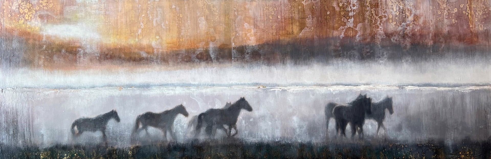 Original Mixed Media Painting By Nealy Riley Featuring A Horse Herd In Mist Over Abstract Background